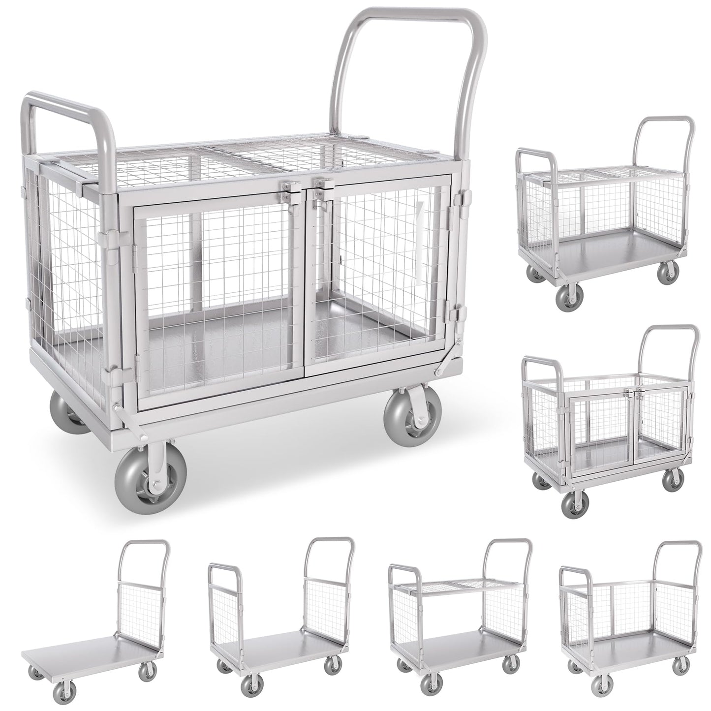 Upgrade Platform Truck with Cage, Mutipurpose 7-in-1 Heavy-Duty Utility Cart,2-Door Design Foldable Flatbed Cart with Industrail Wheels, Rmovable Fence, Load 2000lbs for Grocery/Laundry/Stall/Storage