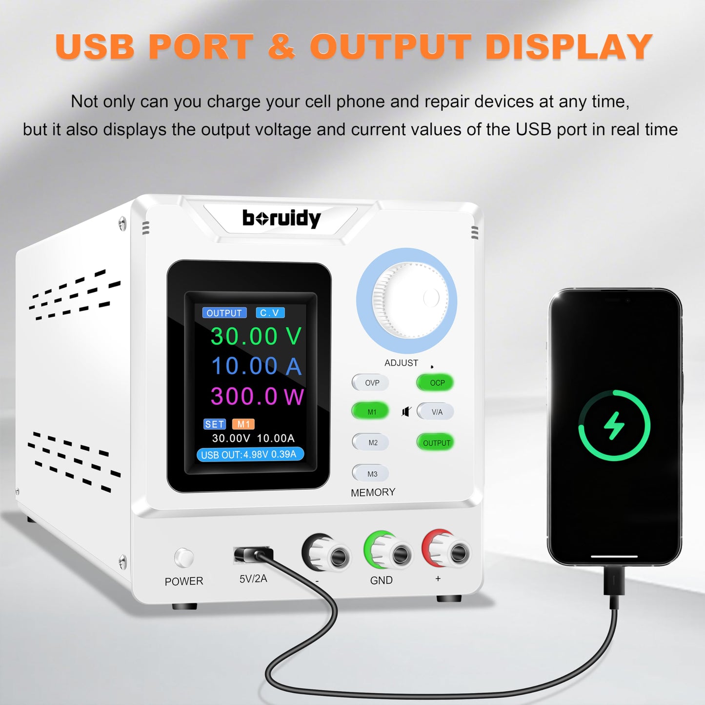 DC Power Supply Variable 30V 10A,boruidy 300W Encoder Adjustable Switching Regulated High Precision 4-Digits TFT Display 5V/2A USB Port Bench Lab Power Supplies with OCP OVP Output Memory Button