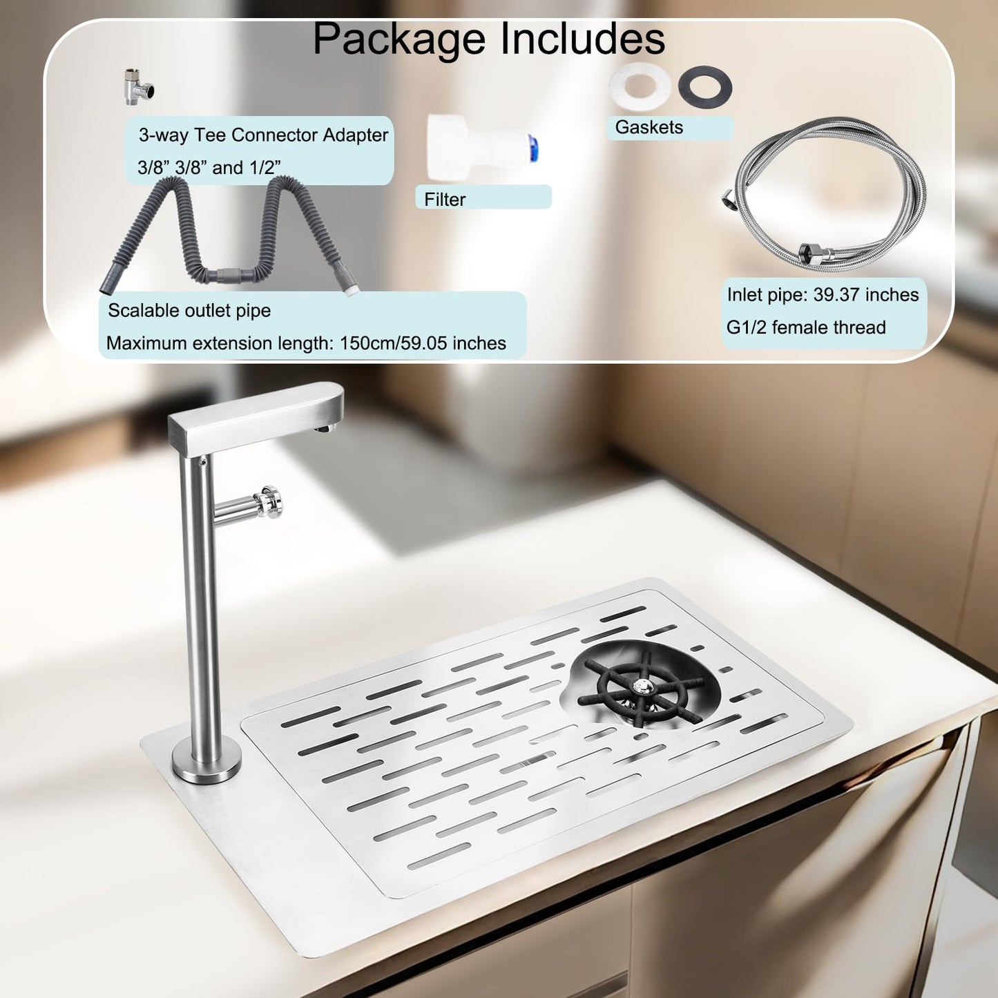 DIBTSA Pitcher Rinser, Stainless Steel Countertop Glass Rinser Cup Washer Sink with Side Spray,Drip Tray for Home Cafe Restaurant