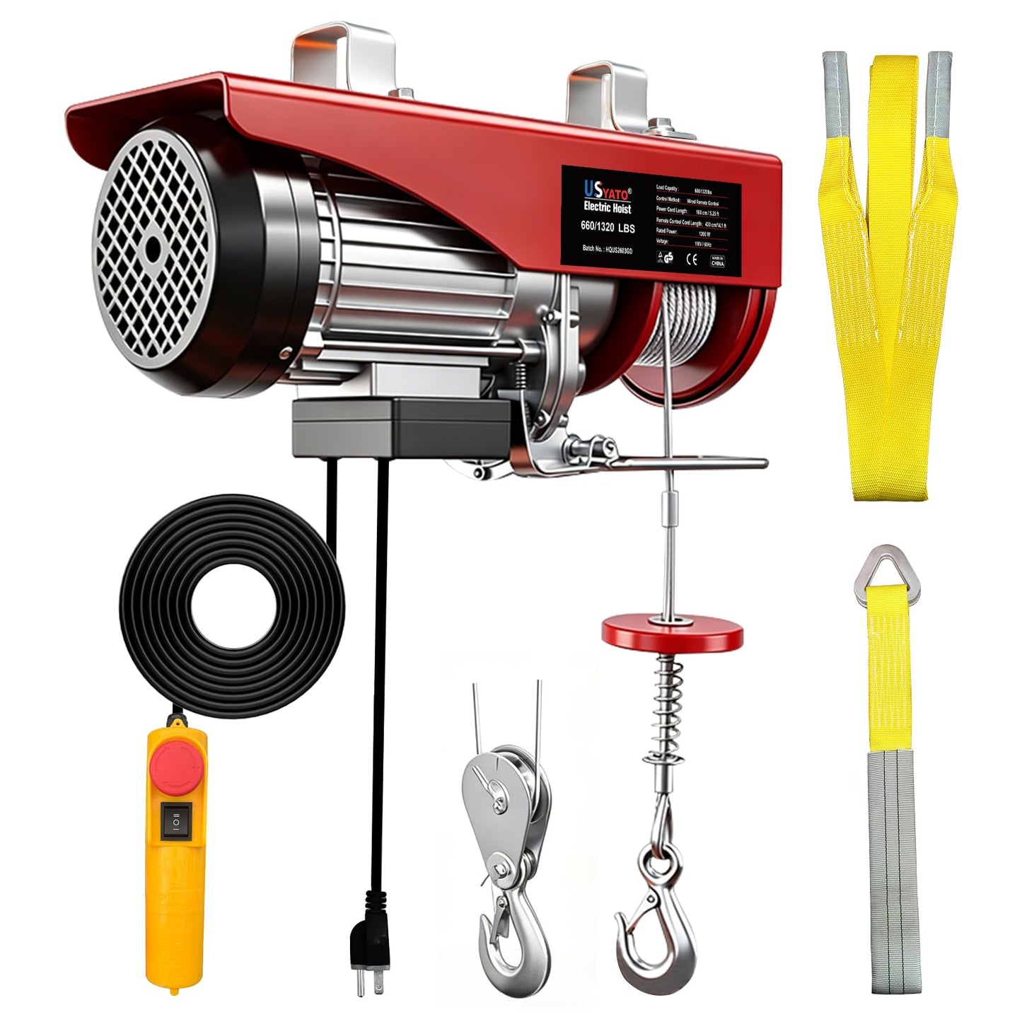 USYATO 1320 lbs Electric Hoist with 14.1 ft Wired Control,110V Electric Winch with Emergency Stop Switch,Zinc-Plated Steel Wire Hoist,Material Handling Tool for Warehouse,Garage,Factory,Attic