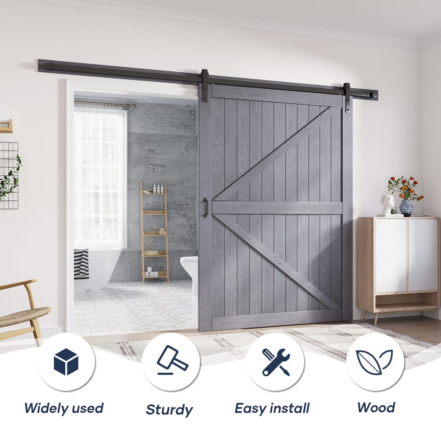 FREDBECK 60in x 84in Gray Wood Barn Door Slab with 10ft (120inch) Barn Door Hardware Track Kit Included, Double Surfaces,Simple Assembly is Required,K-Frame,Grey