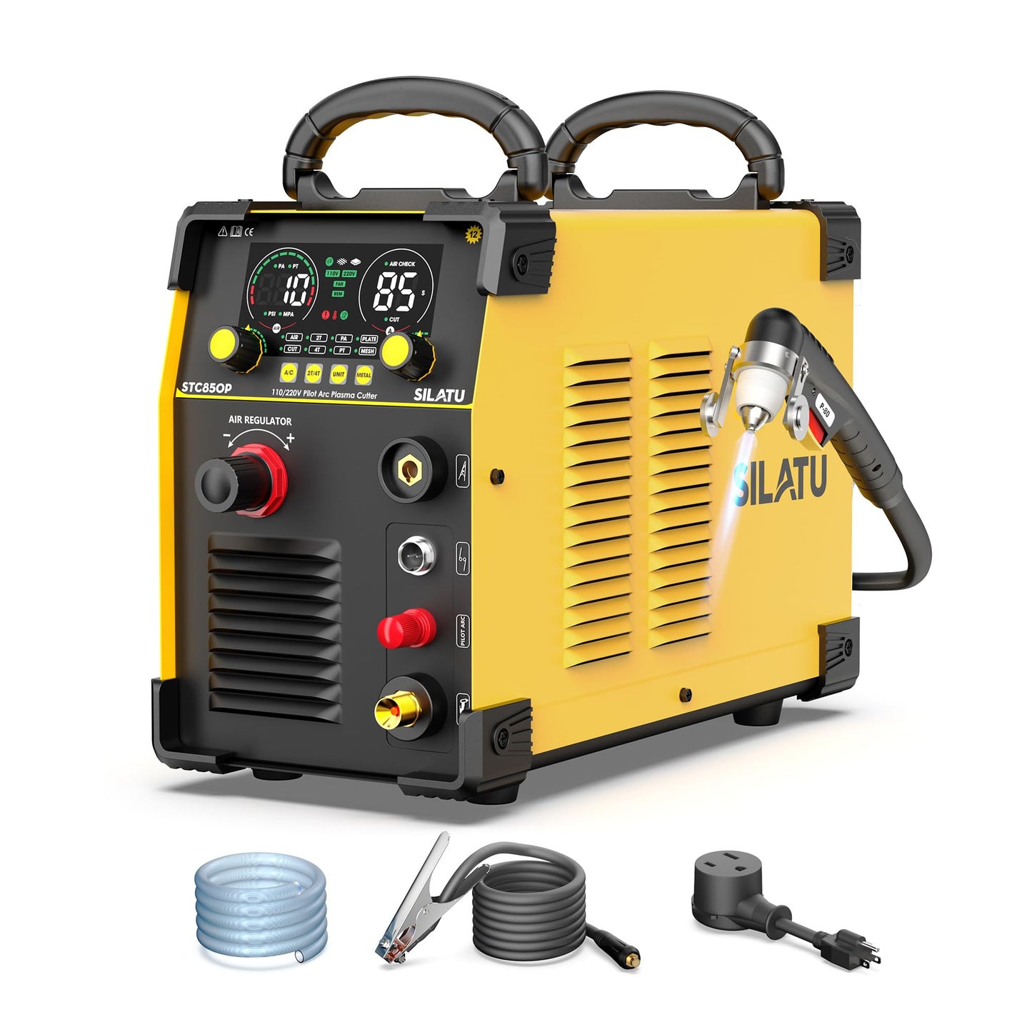 SILATU 85Amps Plasma Cutter, STC850P HF Non-Touch Pilot Arc Plasma Cutter Machine, 110/220V Dual Voltage Air Sensor Technology Digital Display, 1'' Clean Cut 5/4'' Max Cut, PT/2T/4T for Beginners DIY