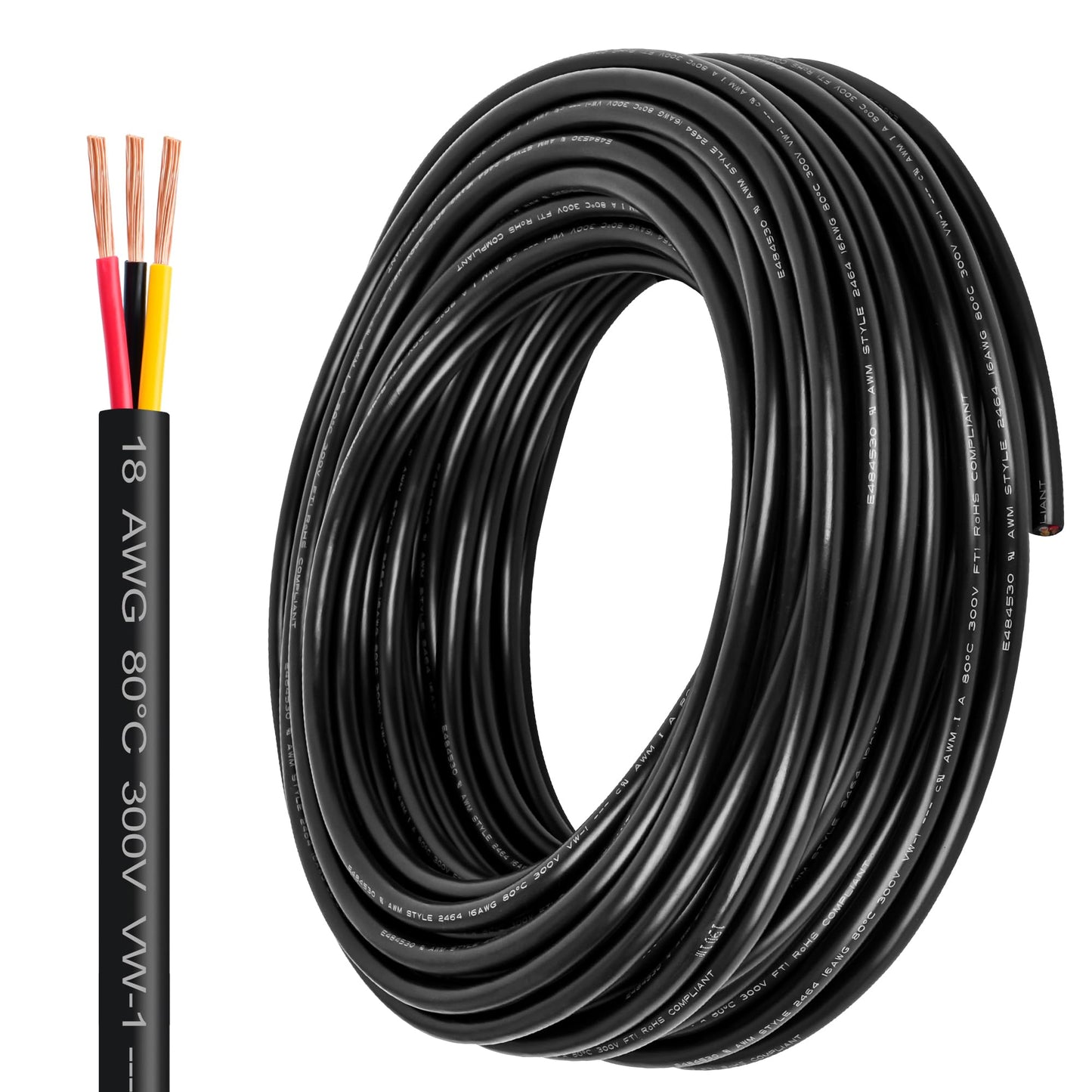 18 Gauge Wire 3 Conductor,18 AWG Electrical Wire Stranded PVC Cord Oxygen-Free Copper Cable,300 FT Tinned Copper Hookup Wire Cord for LED Lamp Lighting Strips Automotive (300FT, 18AWG-3C)…