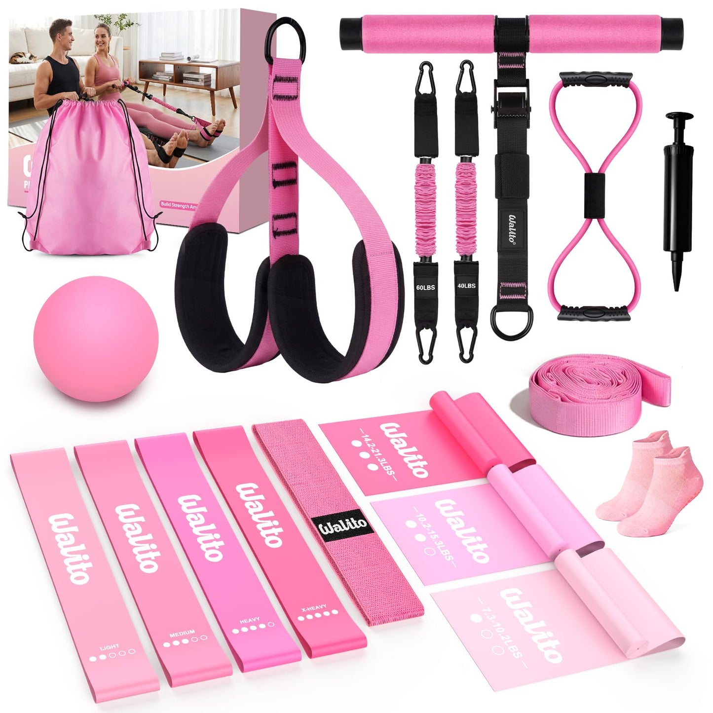 WALITO 15 PCS Pilates Kit, Adjustable Pedal Resistance Band with Handle, Figure 8 Resistance Band for Exercise Women, At Home Workout Equipment Set with Yoga Ball & Booty Bands for Full Body Gym