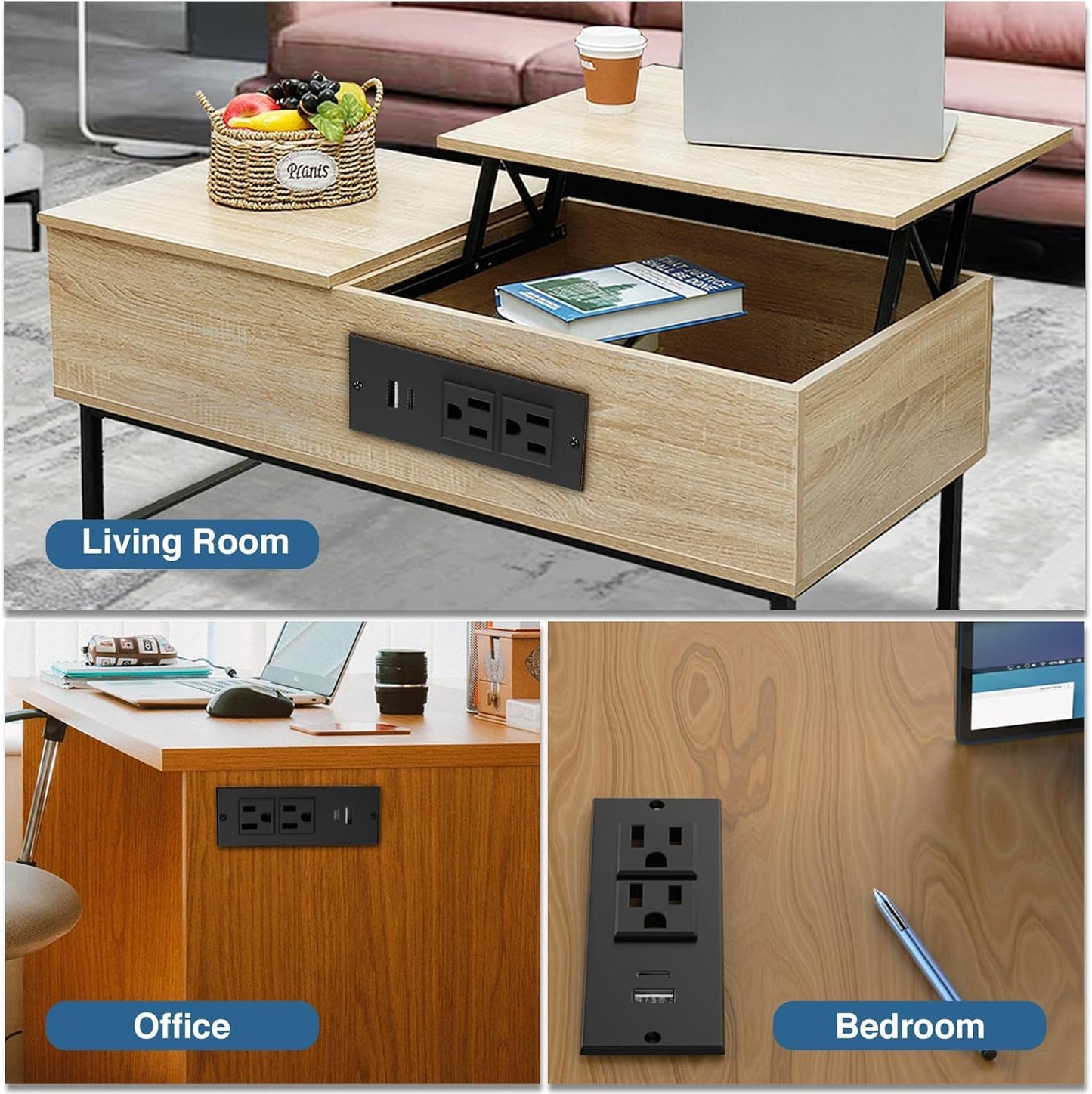 Geao Adapter Inset Small Recessed Power Strip Plug Extension Cord with USB Electrical Outlet Extender Flush Mount Surge