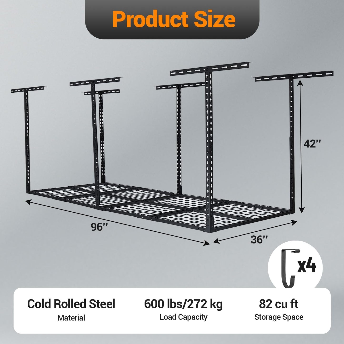 SierraSquad 3x8FT Overhead Garage Storage Rack, 22"-40" Height Adjustable Garage Ceiling Storage Racks, 750LBS Weight Capacity, Heavy Duty Metal Overhead Organization System