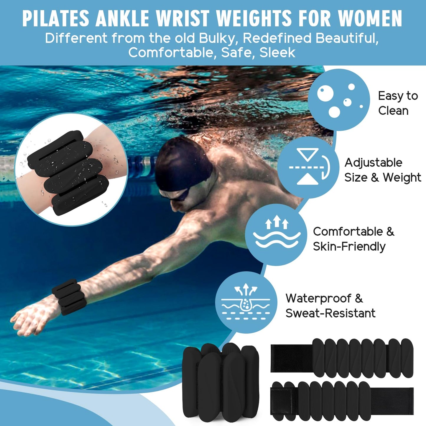 Wrist Weights, 2Pack Wearable Wrist Ankle Weights for Women and Men, Adjustable Silicone Arm and Leg Wrist Bracelets for Walking, Yoga, Pilates and Gym, 2lb (Black)