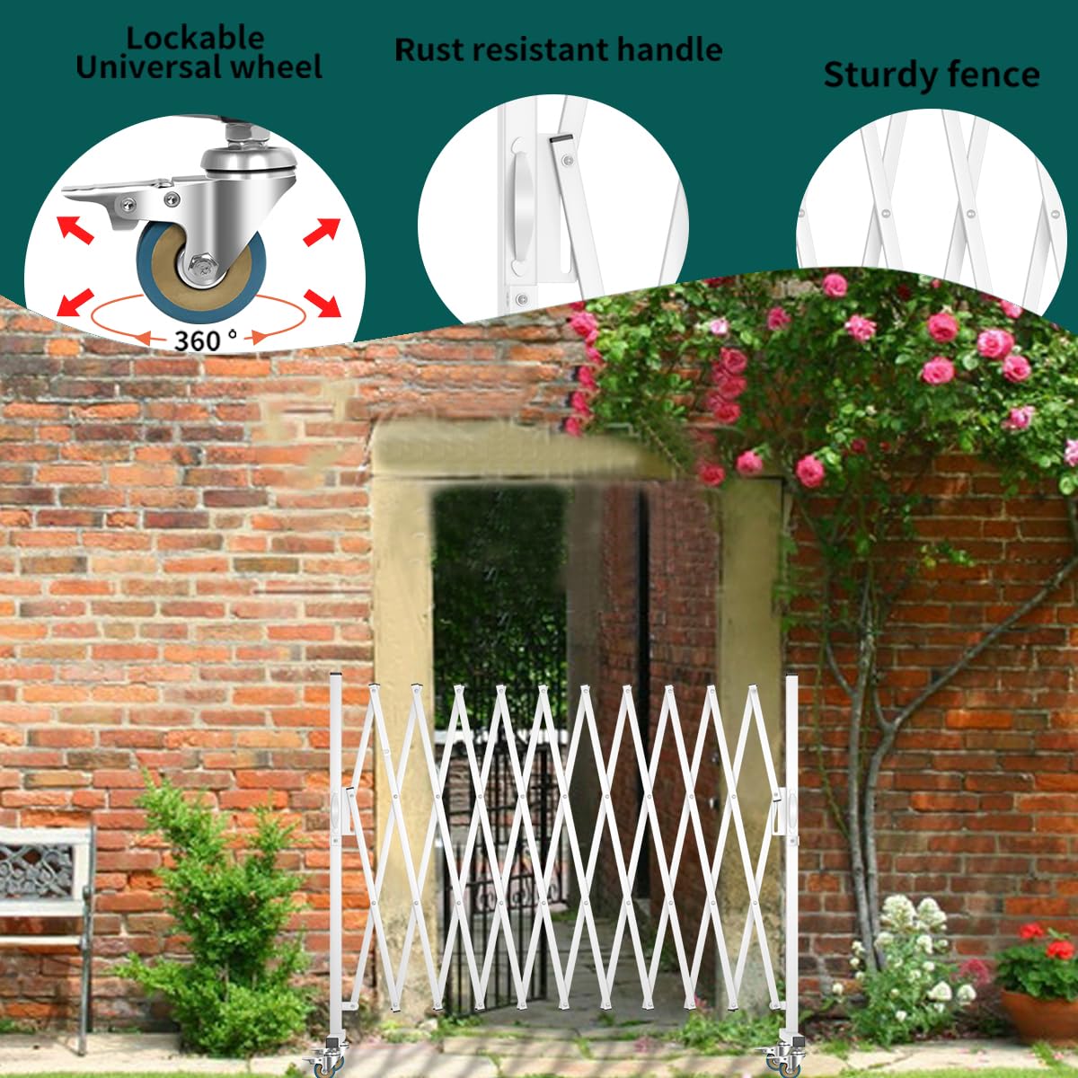 WEWORTH Expandable Barricade, Accordion Garden Yard Outdoor Indoor Portable Folding Security Dog Fence Gates Wall Mount, 129' Adjustable Metal Safety Barrier Gate with Casters, White
