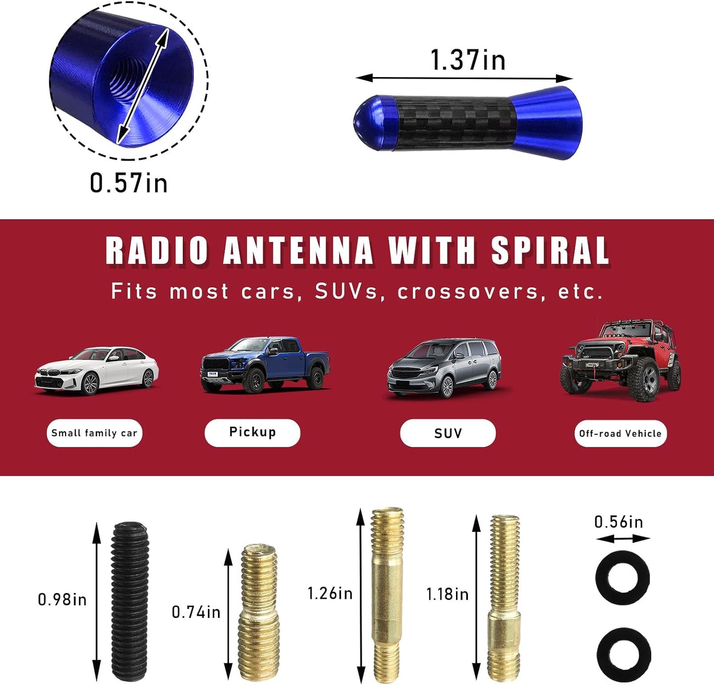 Dickno 1.37'' Car Short Antenna, Aluminum Radio Antenna Mast Replacement, Carbon Fiber Auto AM/FM Radio Reception