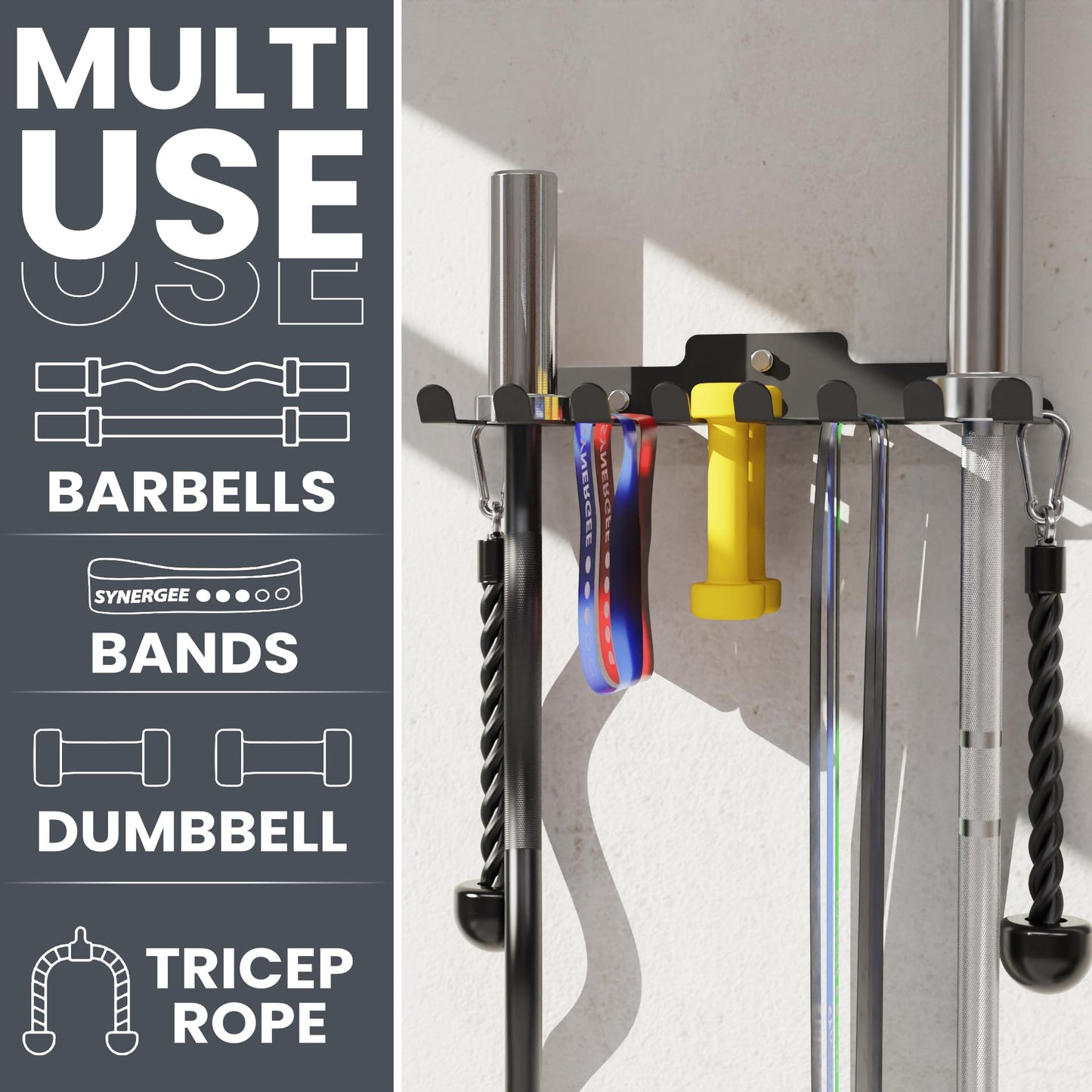 Synergee Wall Mounted Barbell Holder & Gym Accessory Rack Heavy Duty Steel 7 Bracket