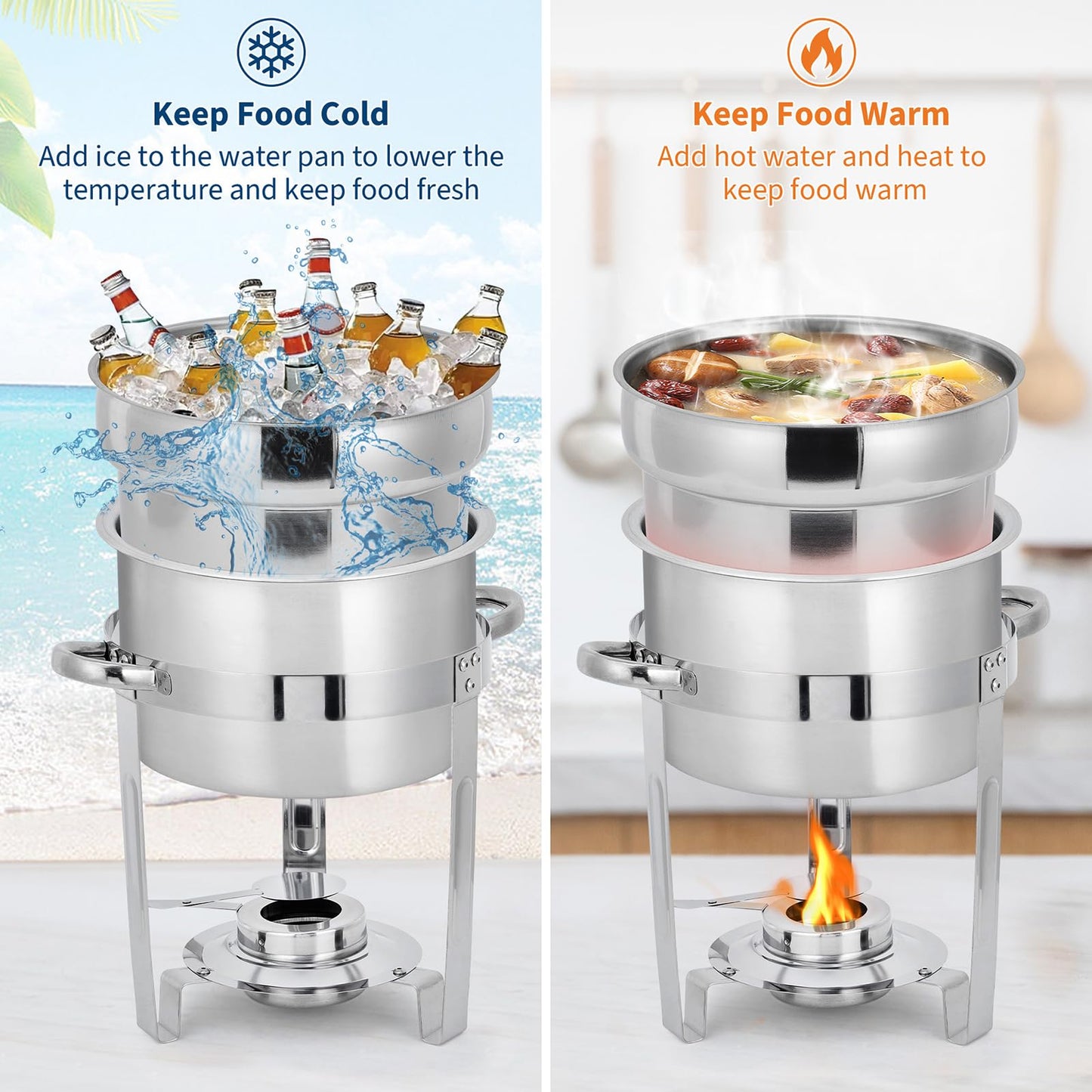 Commercial 7QT Soup Chafer Set, 4 Pack Stainless Steel Round Food Warmers Set with Pot, Notched Lids & Fuel Containers, Soup Warmers Ideal for Buffet Service & Event Catering