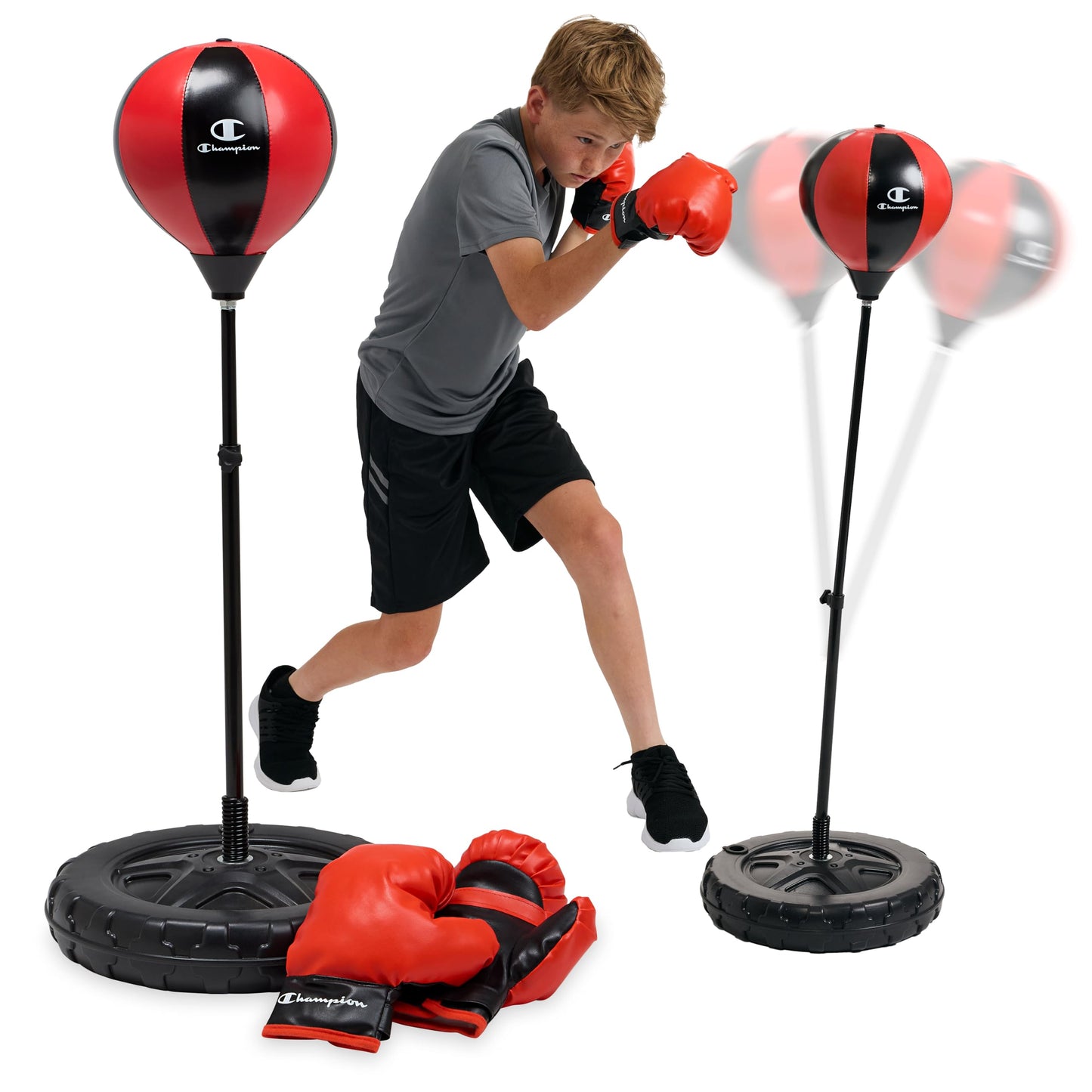 Champion Kids Punching Bag Set for Ages 3-10 – Adjustable 30"–43" Stand, Spring-Rebound Boxing Bag, PU Foam Gloves & Fillable Base – Indoor & Outdoor Youth Boxing Set