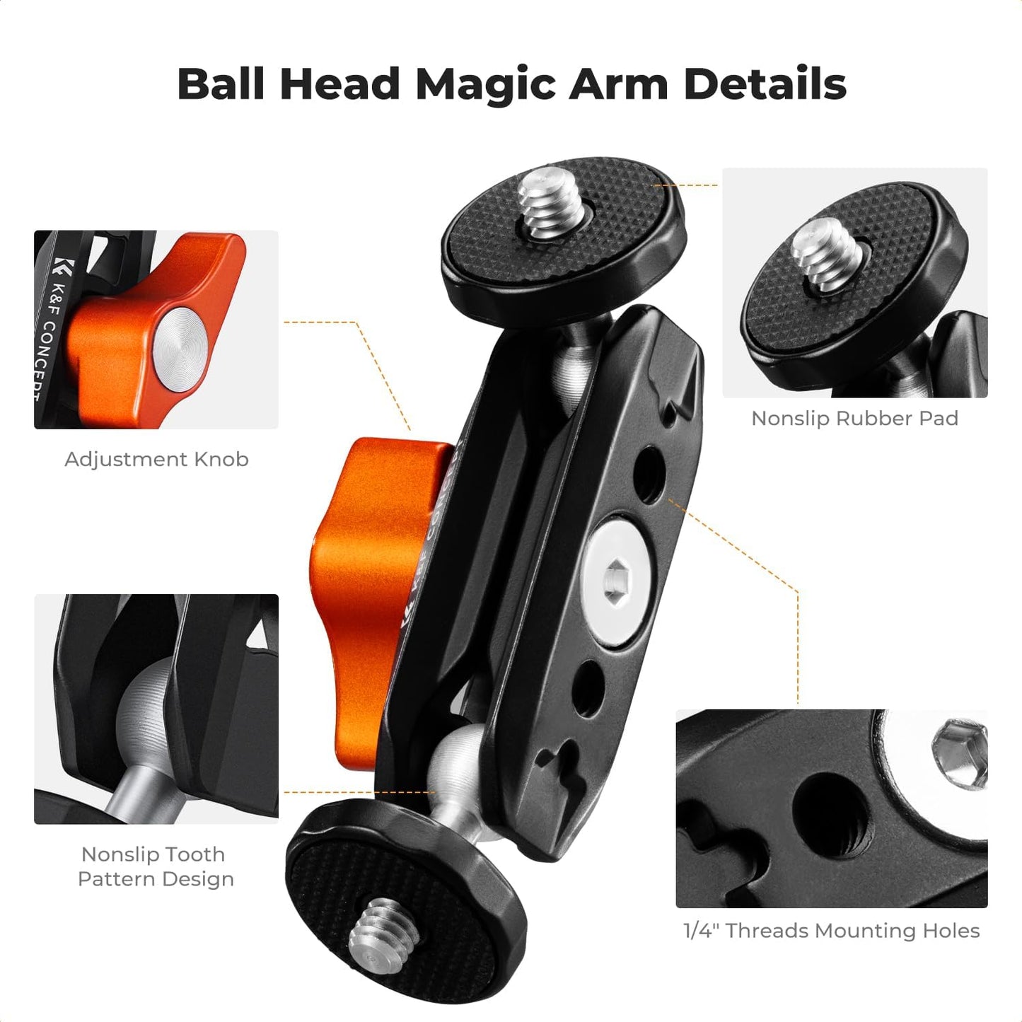 K&F CONCEPT 1/4" 360 Dual Ball Heads Magic Arm, Articulating Mini Magic Arm with Screw, Swivel Aluminum Alloy Camera