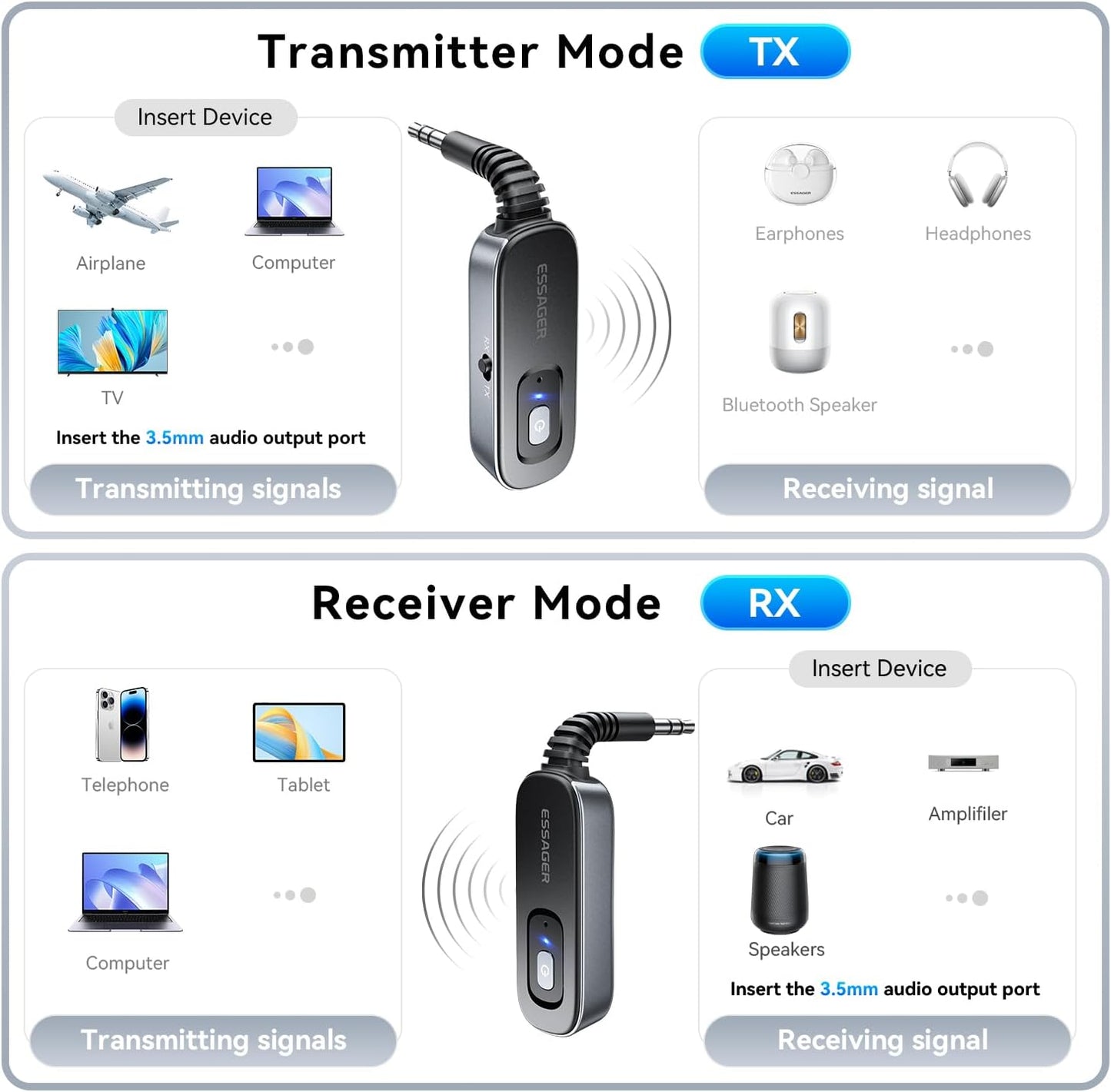 ESSAGER 3.5mm Bluetooth Receiver for Car, Noise Cancelling AUX Bluetooth Car Adapter, Wireless Audio Receiver