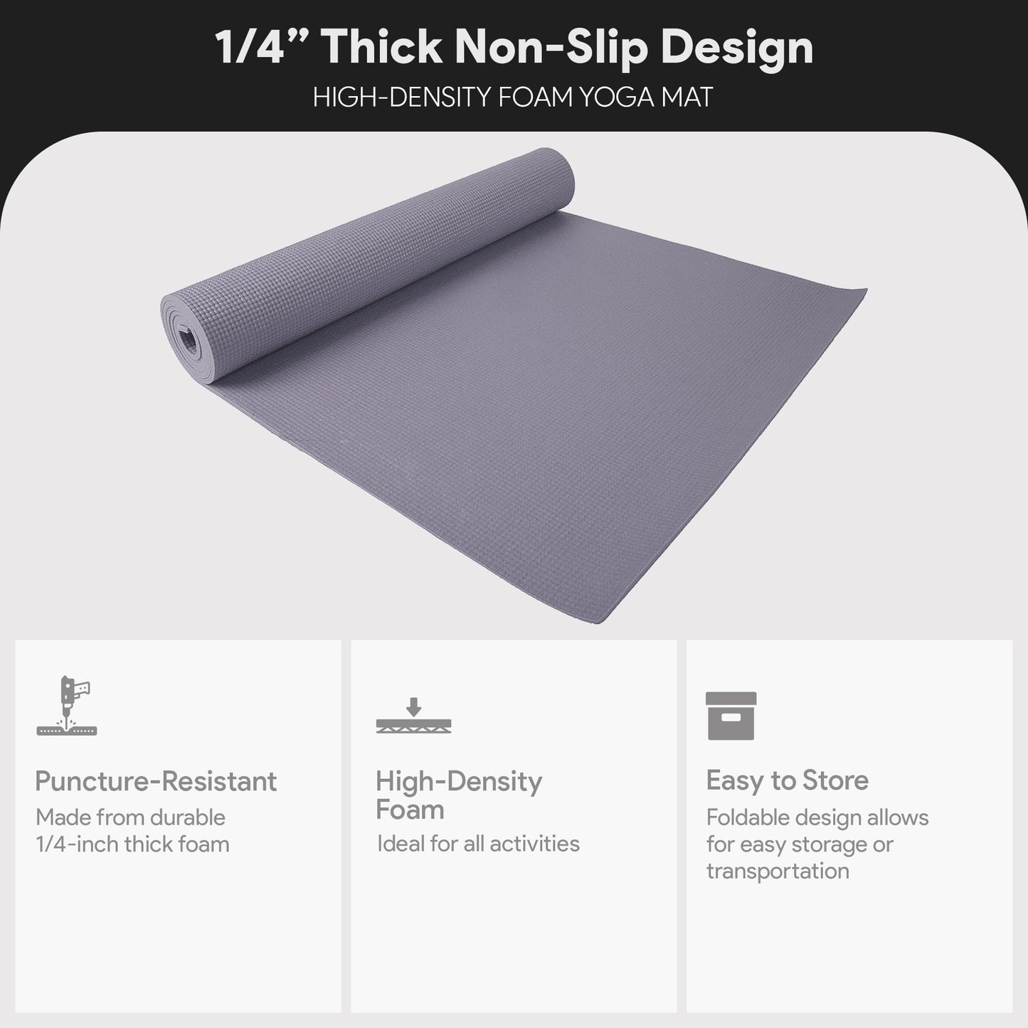 Fitvids 1/4-Inch High Density Thick Non Slip Yoga Mat with Knee Pad and Carrying Strap for Workout, Pilates, Gym Home Exercise, Grey