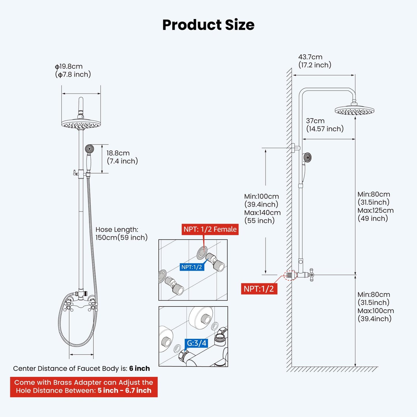 gotonovo Exposed Bathroom Shower Faucet Set Shower Fixture 8 Inch Rainfall Shower Head Handheld Shower Cross Handle Wall Mount 2 Functions Antique Brass