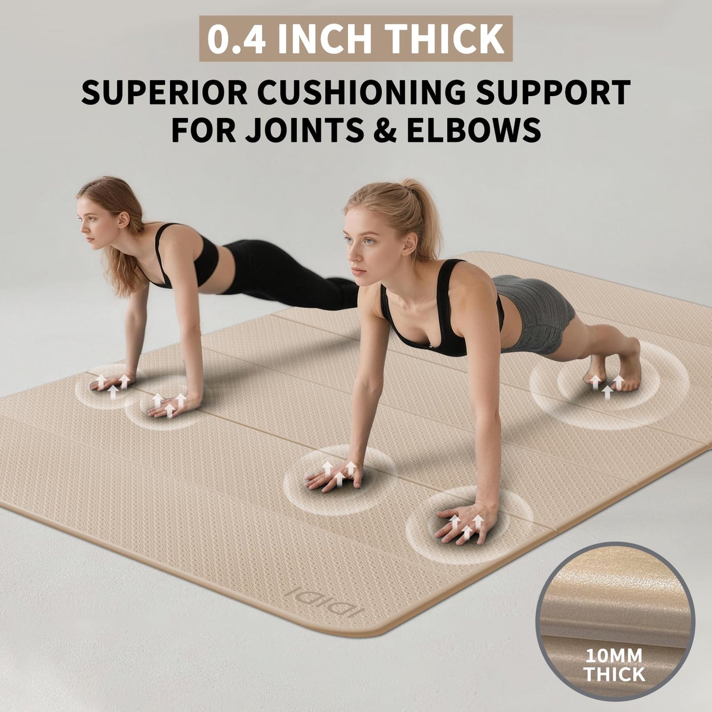 Foldable Yoga Mat Extra Thick & Large (74.0" x 47.2" x 0.4"), Double-Sided Non-Slip Lightweight Fitness & Pilates Mat, 10mm Thick Wide Exercise Mat for Men Women Kids, Portable Workout Mat for Gym, Studio, Travel, Home & Parent-Child Use (Beige)