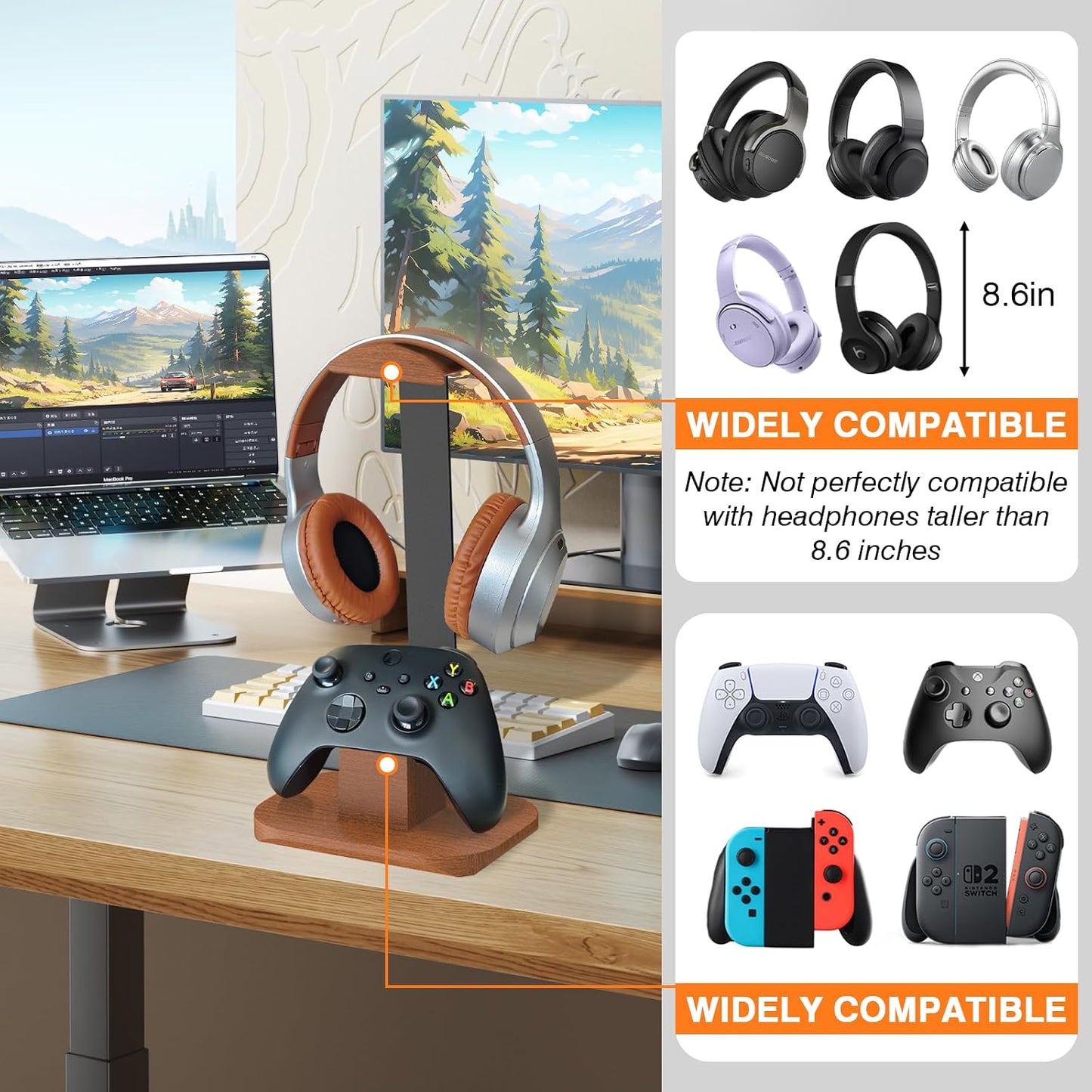 Moginno Headset Walnut Headphone and Controller Stand, Desk Gaming Equipment Wooden Controller Holder, Earphone Hook