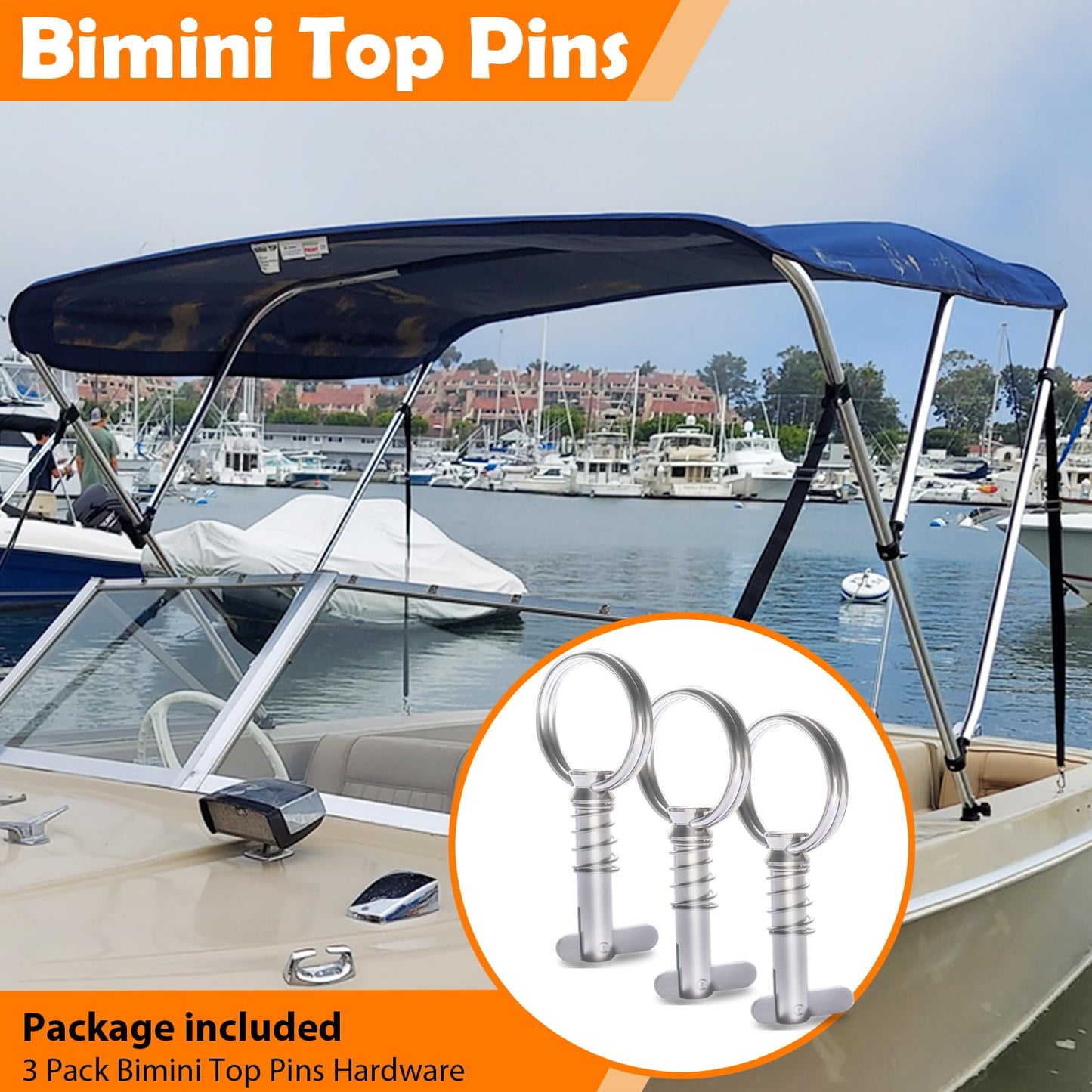 3 Pack Bimini Top Pins Hardware Stainless Steel Replacement Bimini Pins 1/4 inch Diameter Quick Release Pin