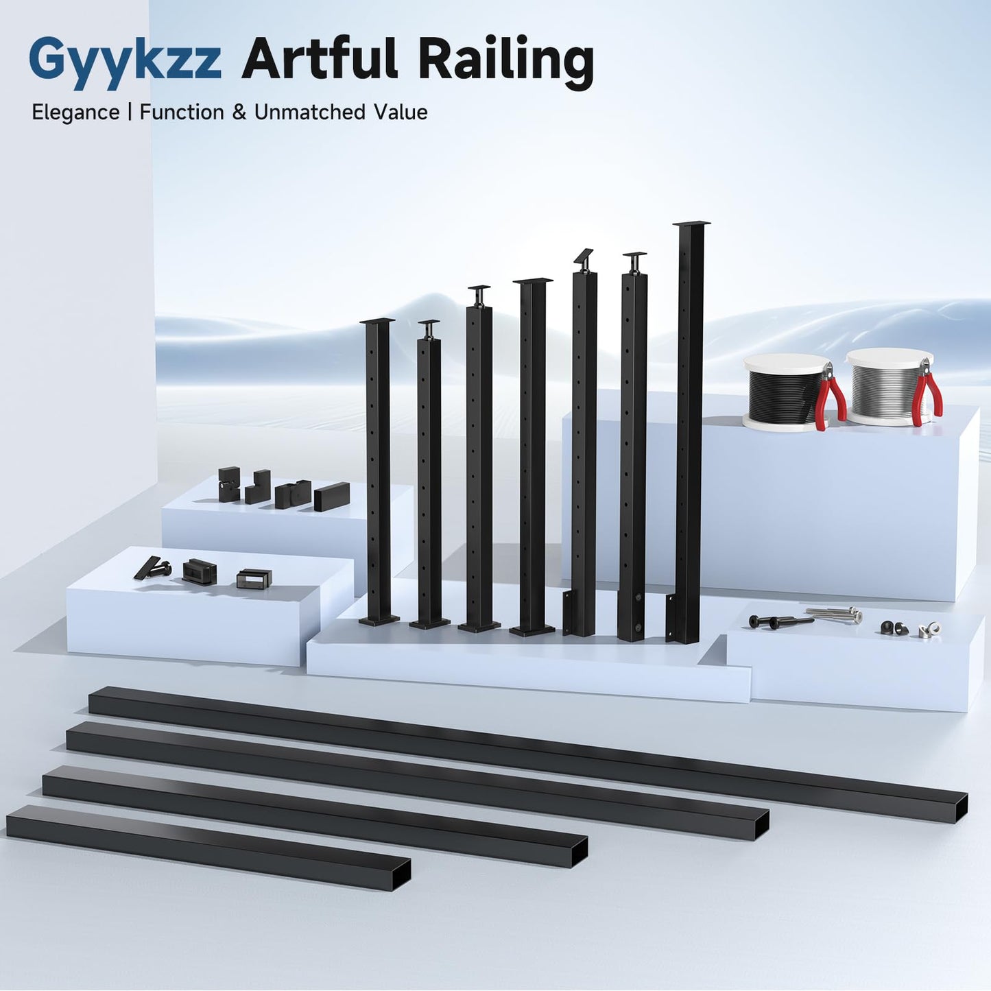 Gyykzz 7FT Stainless Steel T304 Black Handrail, 3 Pack Rectangular Tube Cable Railing Handrail with Plastic End Caps, Flat Top Rail for Indoor Outdoor Deck Stair Cable Railing System DIY Balustrade