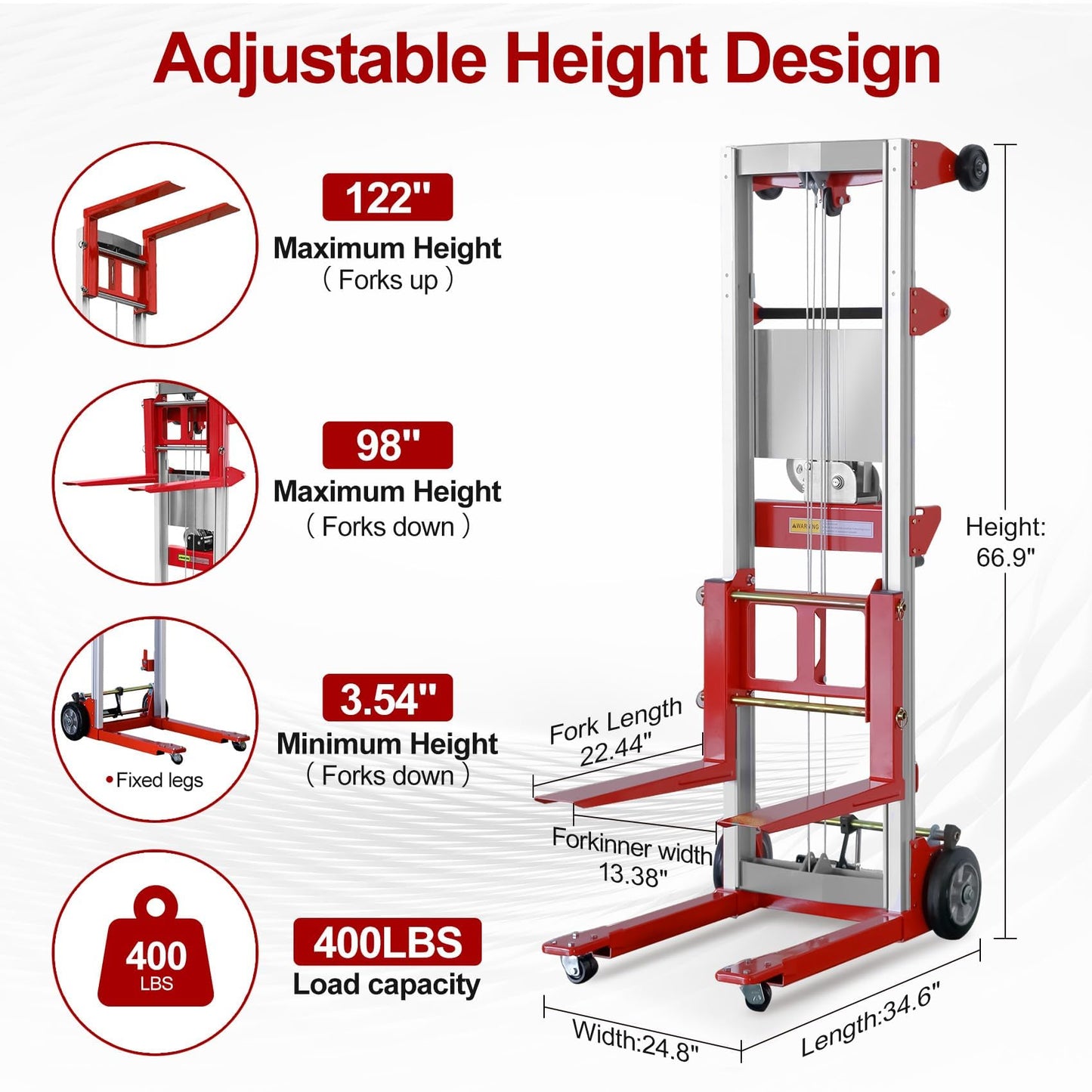 ELOMBR 122" 400lbs Material Lift Winch Stacker with Upgrade Effortless Winch, Hand Winch Lift Truck with Fixed-Leg, Manual Material Lifter Pallet Stacker for Contractor, Workshop, Industrial, Red