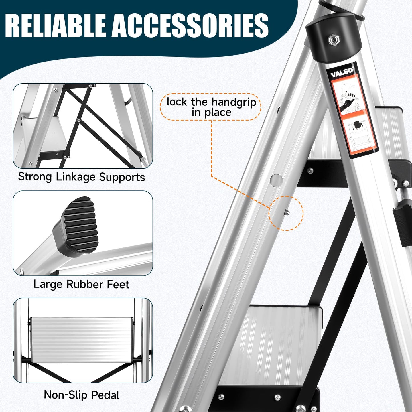 Valeo Aluminium 5 Step Ladder with Retractable Handgrip,Anti-Slip Pedal,330 lbs Capacity,Folding Step Stool for Kitchen, Garage, Home, Space Saving, Sturdy and Portable, Silver