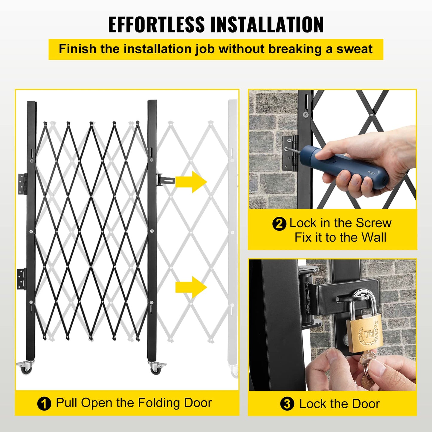 VEVOR Single Folding Security Gate, 51.57" H x 42" W Folding Door Gate, Steel Accordion Security Gate, Flexible Expanding Security Gate, 360° Rolling Barricade Gate, Scissor Gate or Door with Padlock