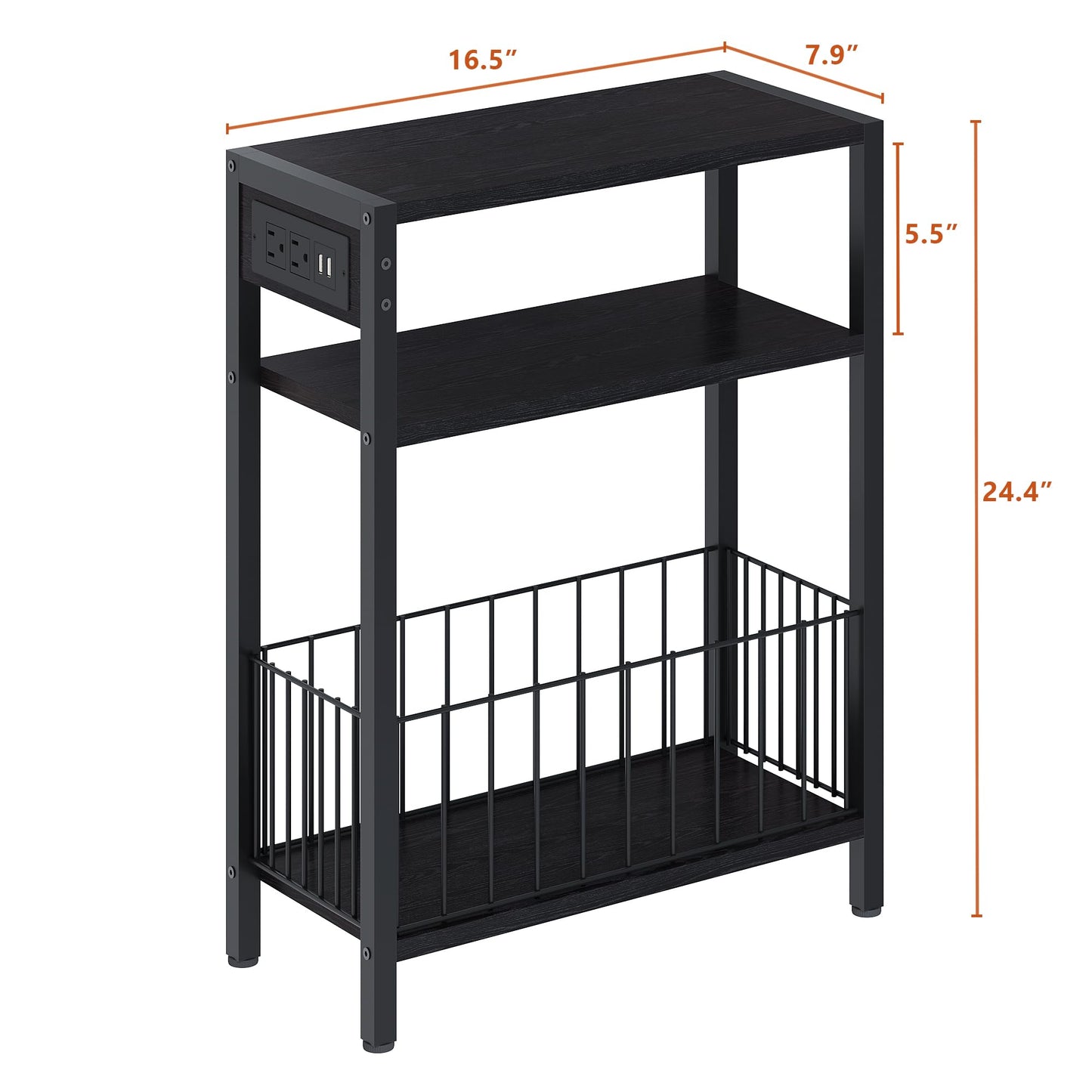 TRIFEBLE Narrow Side Table with Charging Station, Small End Table for Small Spaces, Slim Nightstand with Storage Basket, 3 Tier Skinny Bedside Table for Living Room, Bedroom, Black