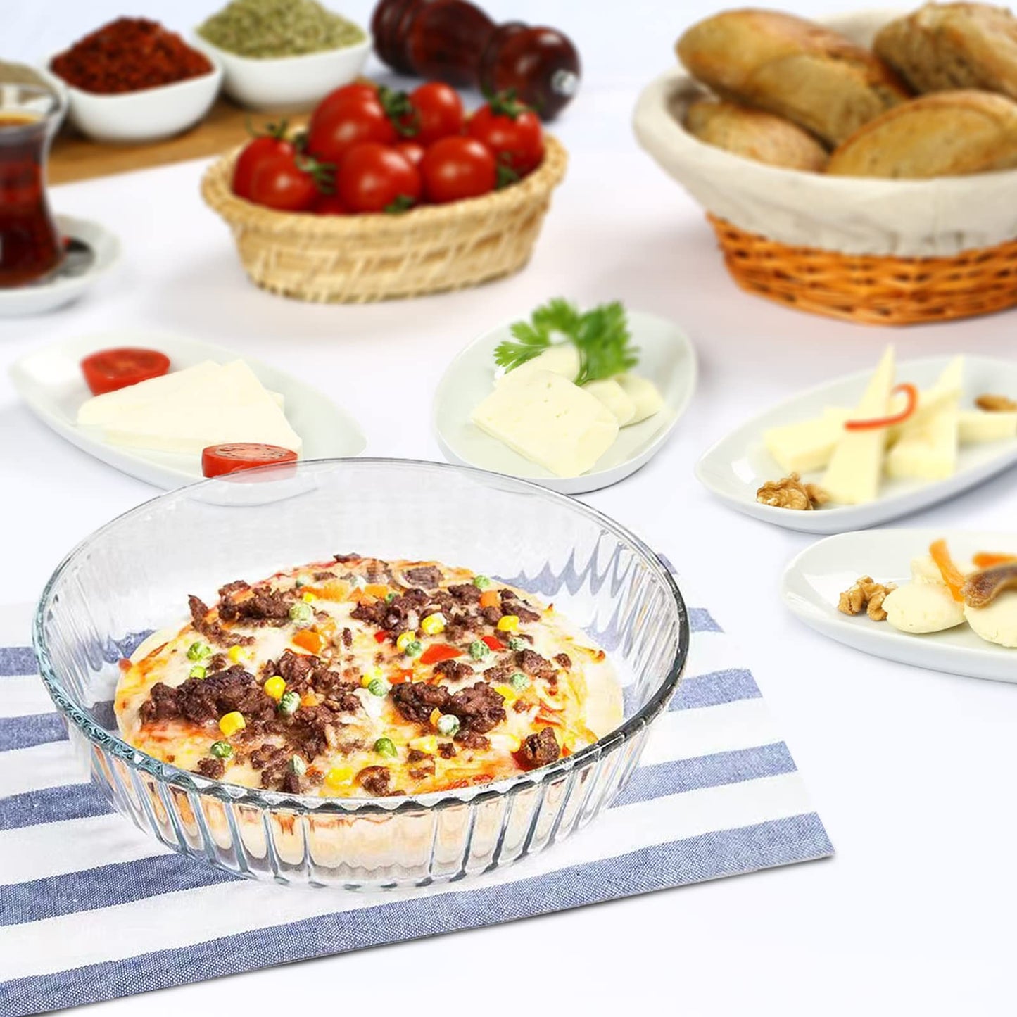 HUSANMP Clear Round Tempered Glass Baking Dish, Glass Bakeware Casserole Dish for Oven and Dishwasher Safe.