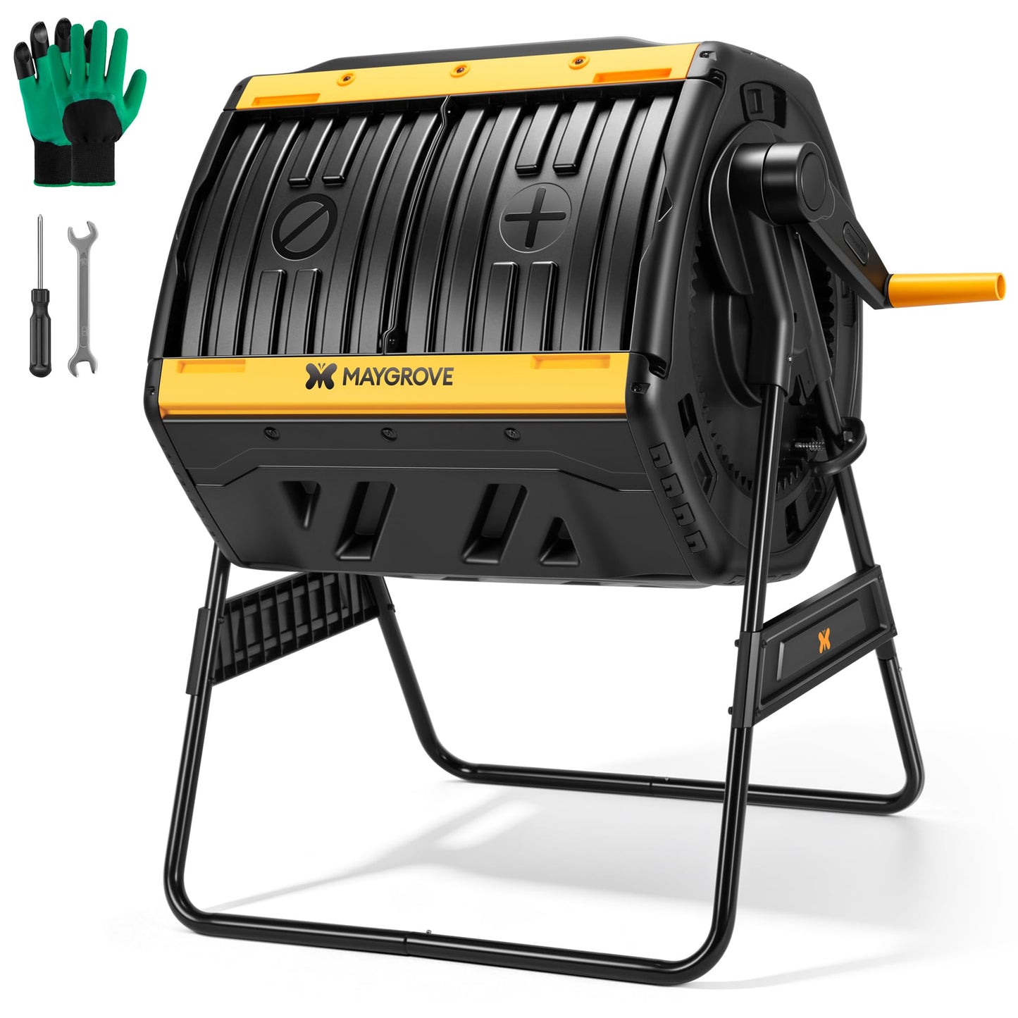 Maygrove Outdoor Compost Bin 53 Gallon, Dual Chamber Large Compost Tumbler for Garden Backyard, with 360° Rotating, Sliding Doors & Solid Steel Frame