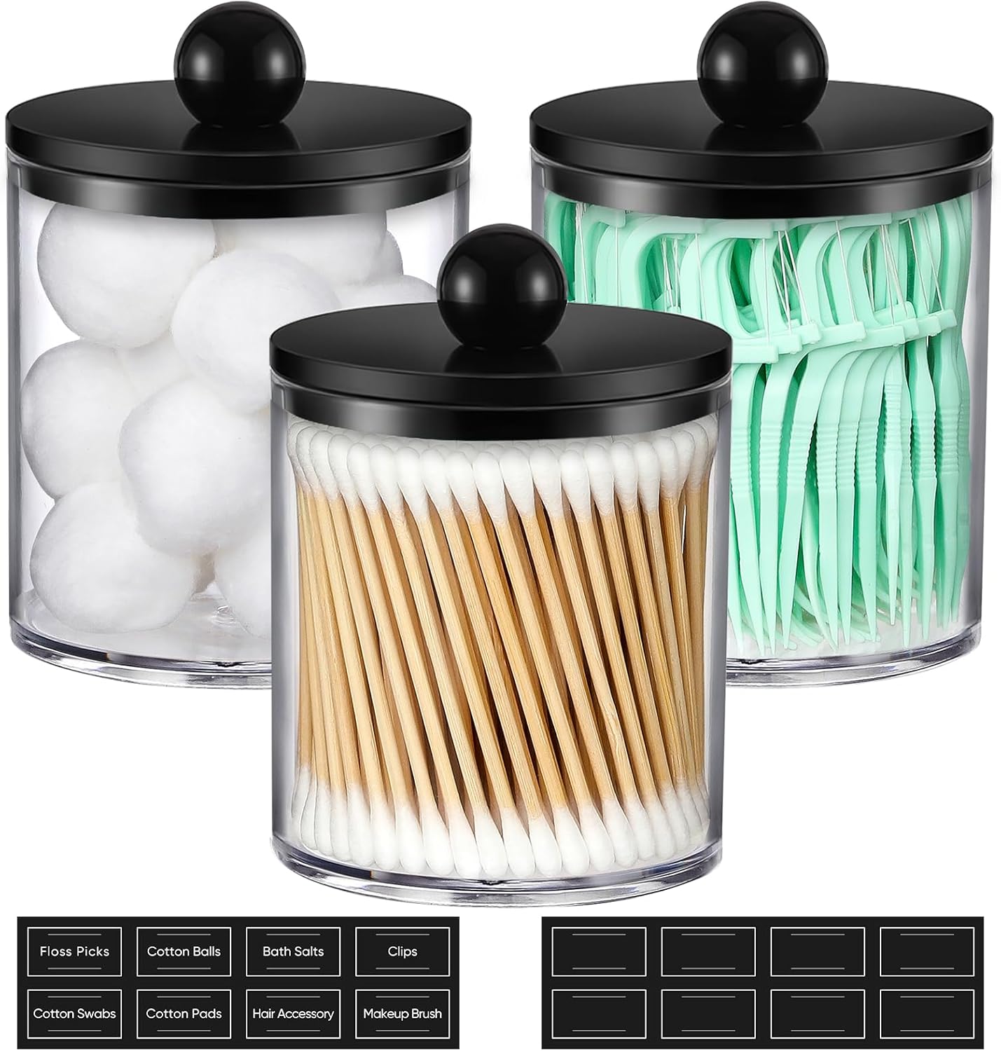 Skiennix Acrylic Qtip Holder Dispenser - 3 Pack Cotton Swab & Makeup Organizer Set | Clear & Black