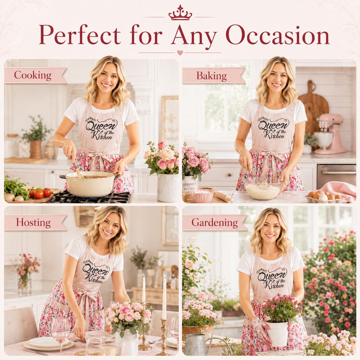 HYVOROS Cute Floral Aprons for Women with Pockets，Cotton Adjustable Neck Strap Apron for Kitchen Cooking Baking Gardening (Pink, Medium)