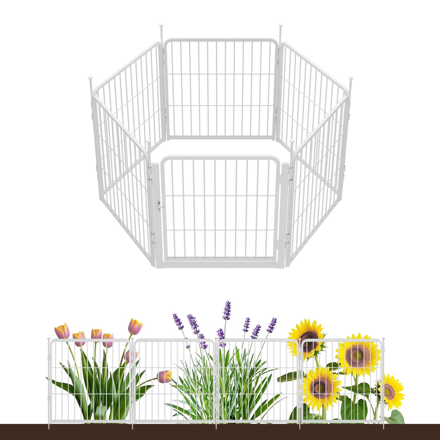 SunsGrove Garden Fence with Gate, 24 in(H) x 11.1 ft(L) 6 Panels Heavy Duty Metal Animal Barrier Fence for Yard, Suitable for Indoor or Outdoor Dog Pet Fence, Garden Fence Border, White