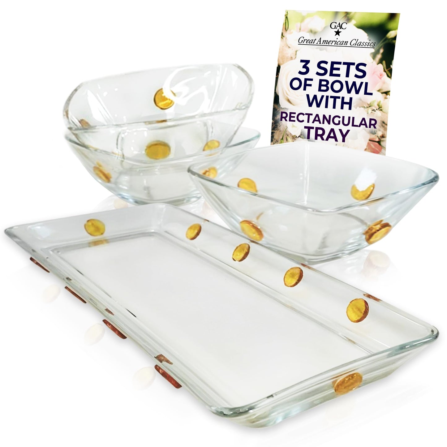 GAC Elegant Glass Square Bowls Set with Matching Rectangular Tray - 3-Piece Decorative Glass Centerpiece with Gold Dots, Square Serving Bowls for Condiments, Snacks, & Parties- Thoughtful present.