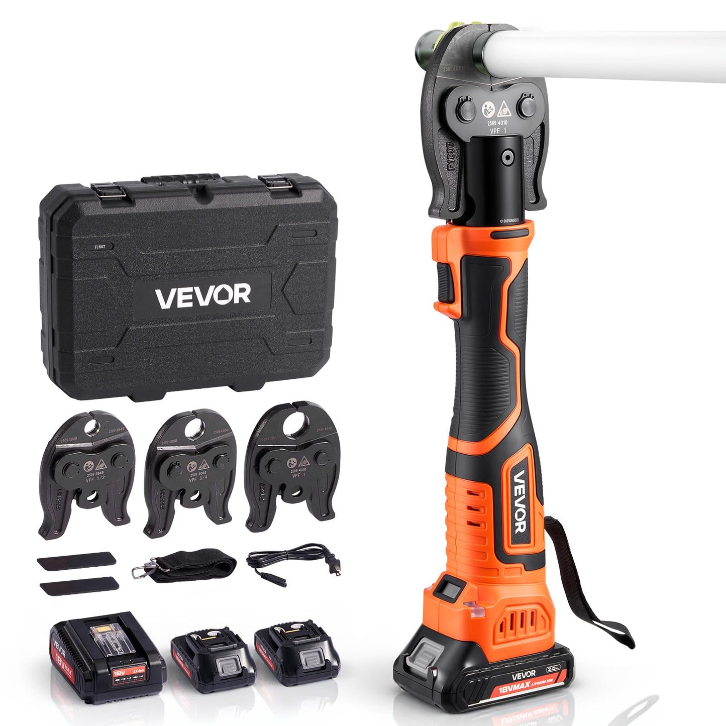 VEVOR Press Tool, 18V Electric Pipe Crimping Tool for 1/2" 3/4" 1" PEX Pipe Stainless Steel Rings, 24KN PEX Press Tool Compatible with PureFlow - with 3 VPF Jaws, 2pcs 2AH Batteries, Charger & Toolbox