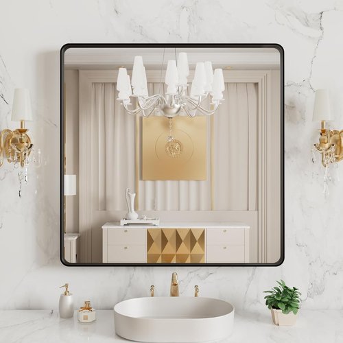LOAAO Black Metal Framed Bathroom Mirror - 38x38 Inch Rounded Rectangle, Anti-Rust, Versatile Hanging Options