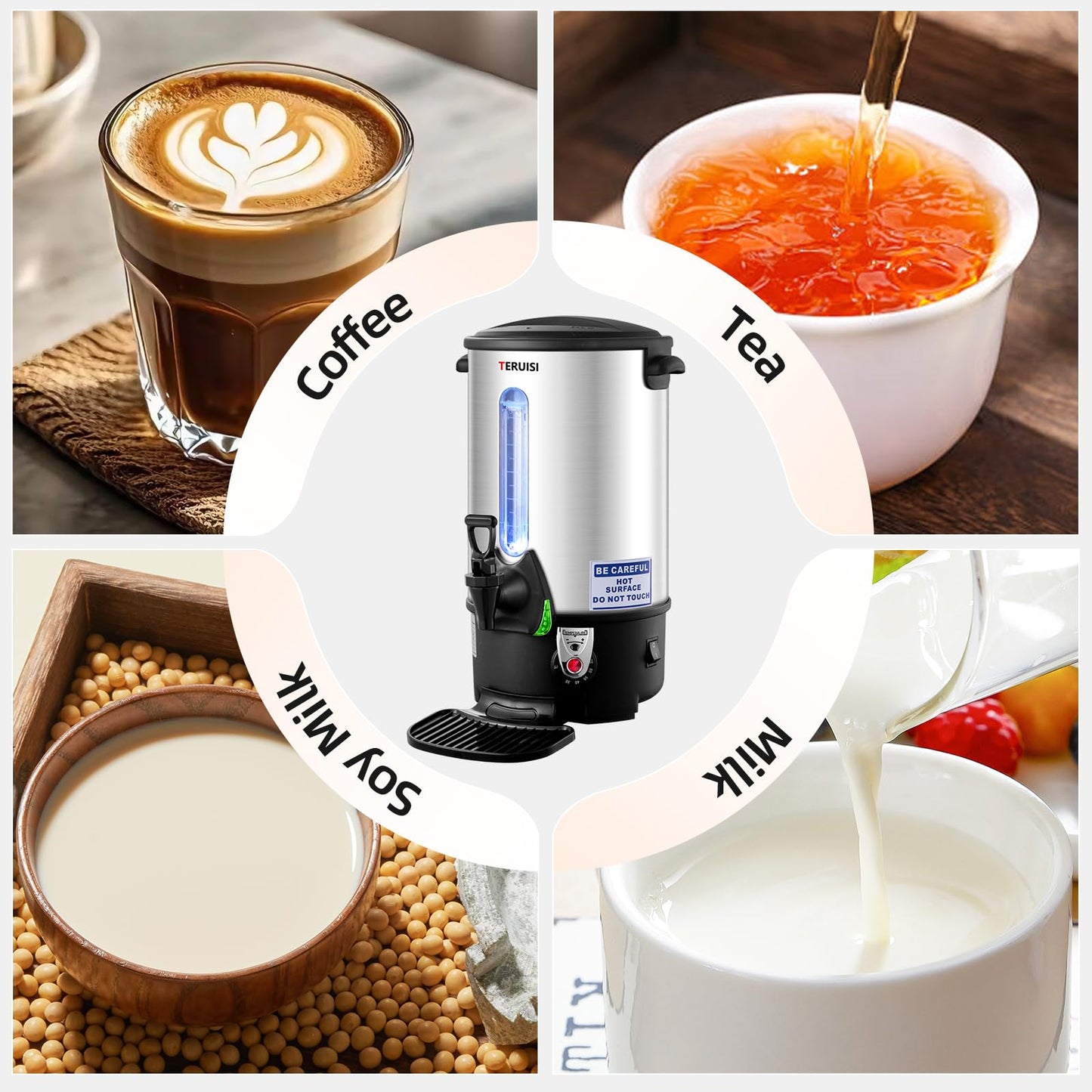 TERUISI Coffee Urn, 65 Cups/9L Commercial Coffee Maker, 1300W Large Coffee Maker Hot Water Tea Urn with Filter Basket & Adjustable Temperature, Stainless Steel Hot Drink Beverage Dispenser