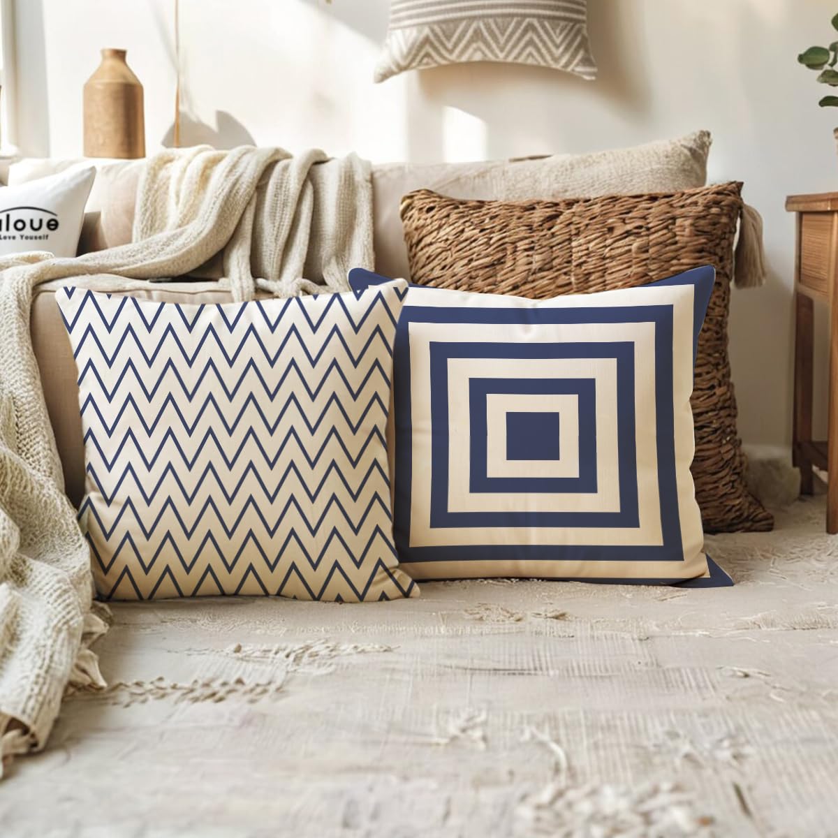 ULOVE LOVE YOURSELF Square Decorative Throw Pillows Cushion Covers Blue Beige Stripes Modern Geometry Print Home Pillowcases 18 X 18 Inch,4 Pack for Sofa Couch