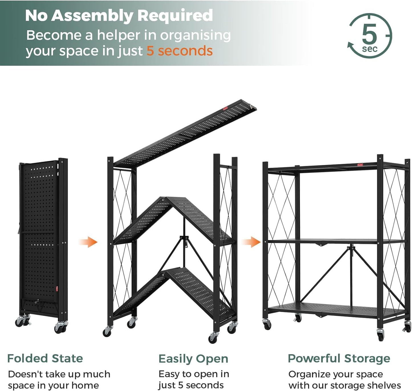DEANIC 3 Tier Foldable Storage Shelves with Wheels, Kitchen Appliance Stand, Freestanding Metal Wire Shelf Rack, No Assembly Organizer Rolling Cart for Garage, Basement, Pantry(Black Pack of 2)