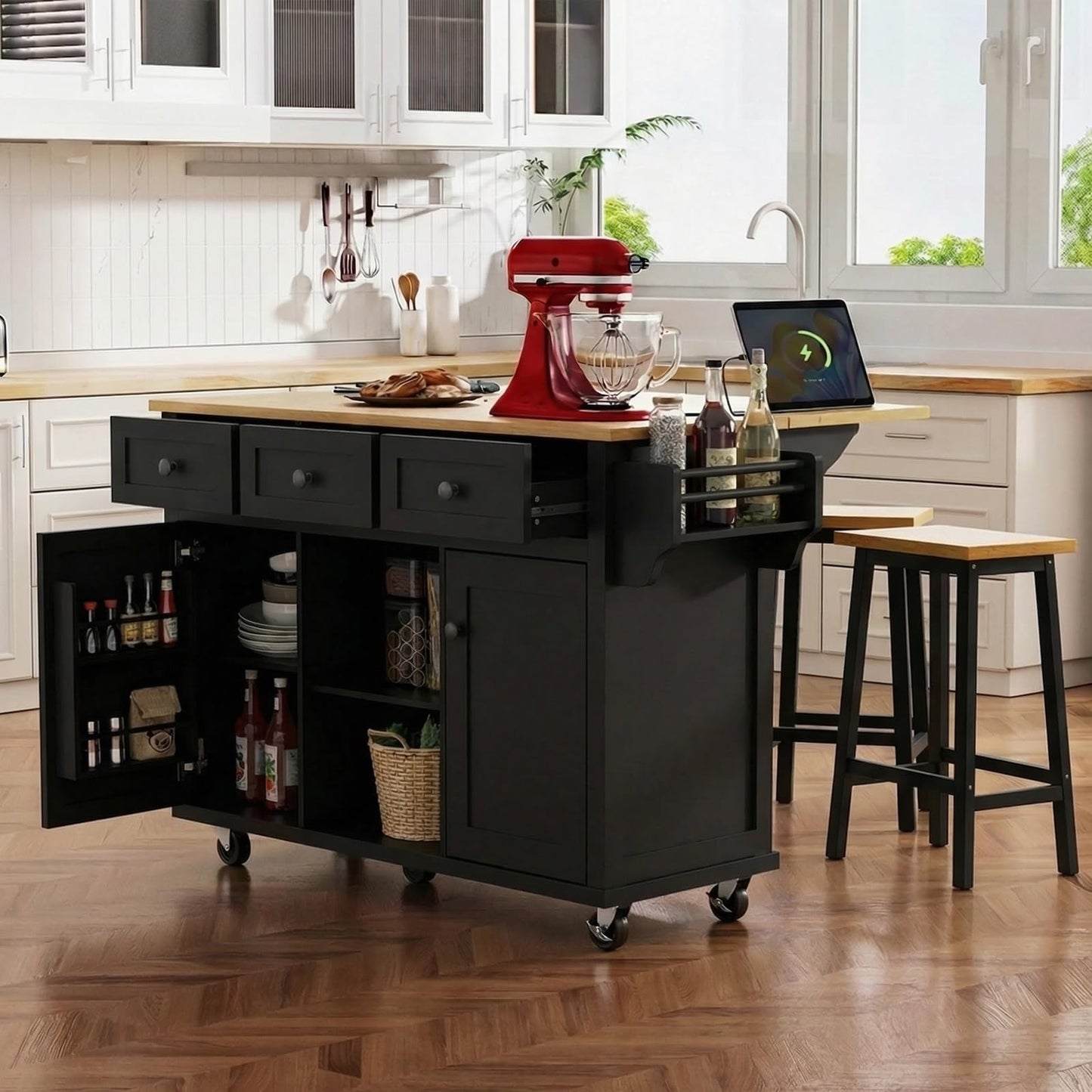 Waully 53'' Mobile Kitchen Island with Seating, Rolling Kitchen Island with Storage and Drop Leaf, 3 Drawers Islands Cart Rubberwood Top, 2 Open Shelves, Isla para Cocina, Black + 2 StooIs