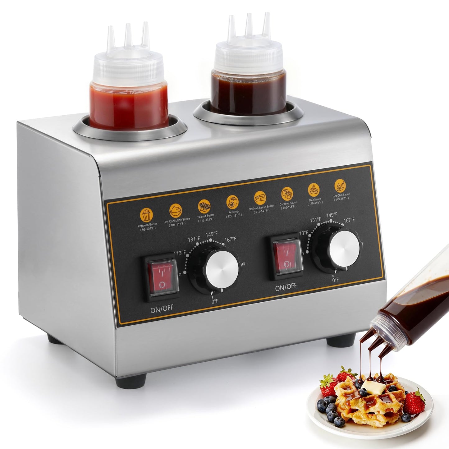 Dyna-Living Electric Sauce Warmer - 500W Nacho Cheese Warmer Dispenser with Removable Storage Rack, Commercial Sauce Bottle Warmers for Hot Fudge Ketchup Chocolate Cheese with 650ml Squeeze Bottle*2