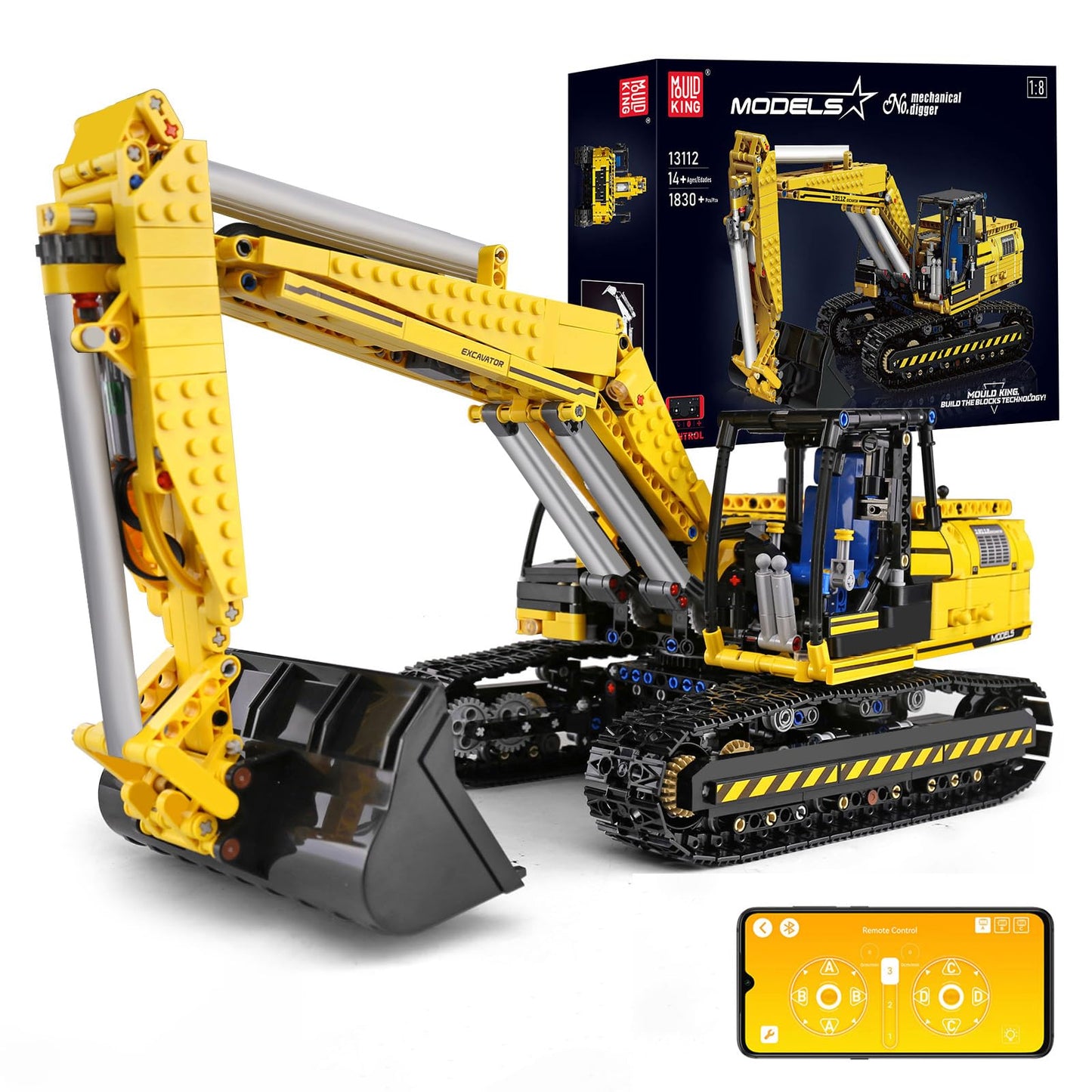 Mould King 13112 RC Excavator Building Set, 1830 Pieces Building Blocks APP Remote Control Truck Construction Vehicles Model with Motor, STEM Engineering Toys for Adult