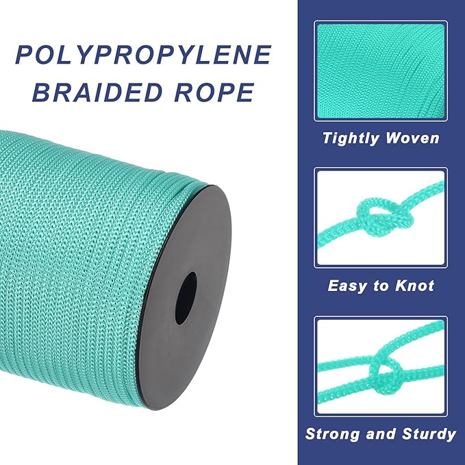 MECCANIXITY 5/32 Inch Polypropylene Rope Braided Ropes, 328ft Camping Rope Hollow Utility Cord for Clothesline, Hiking, Outdoor, Light Blue
