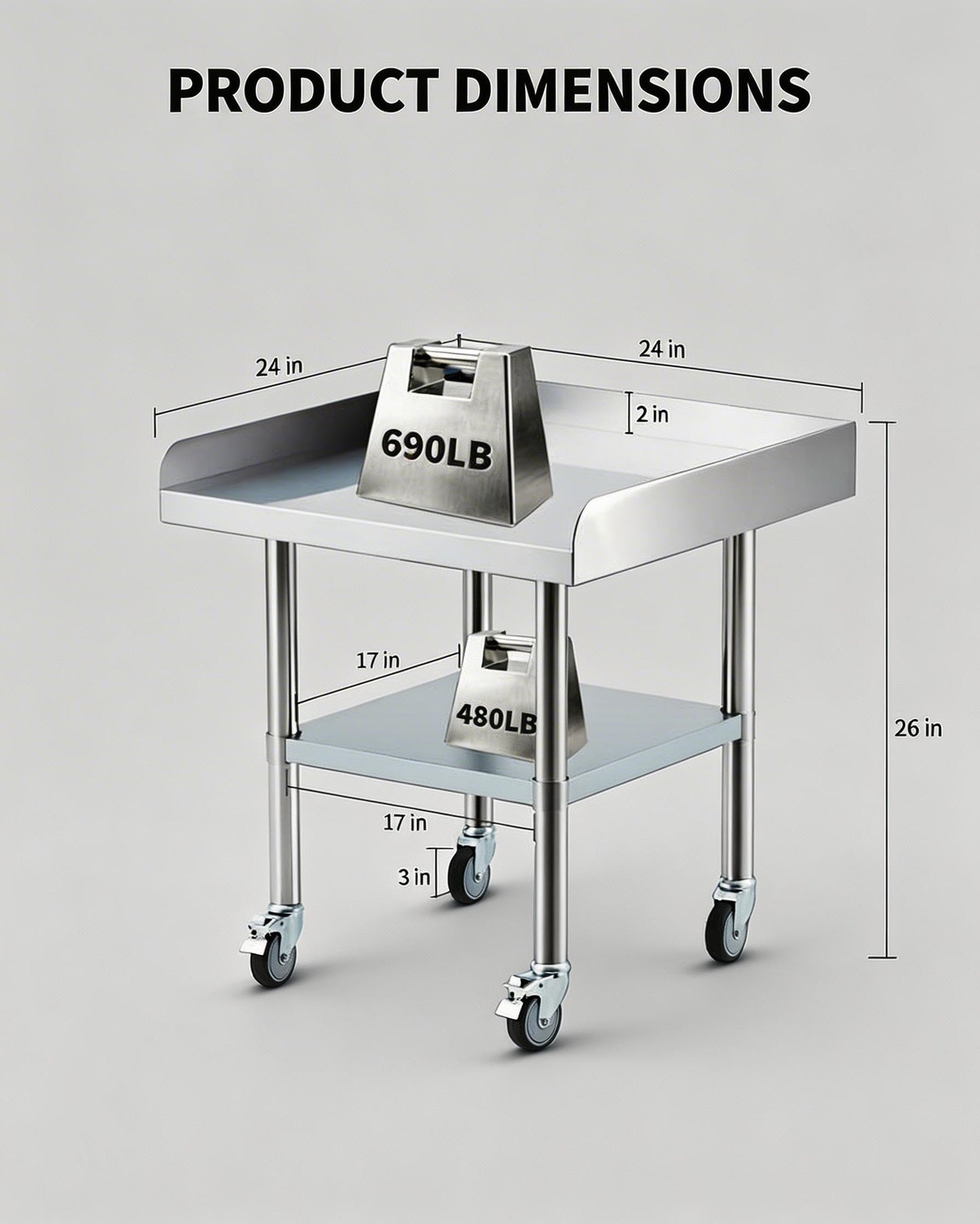 24 x 24 Stainless Steel Prep Table with Wheels – Commercial Mobile Workstation, Adjustable Undershelf, 3-Sided Backsplash – NSF Kitchen Worktable for Restaurant, Home, Garage & Catering