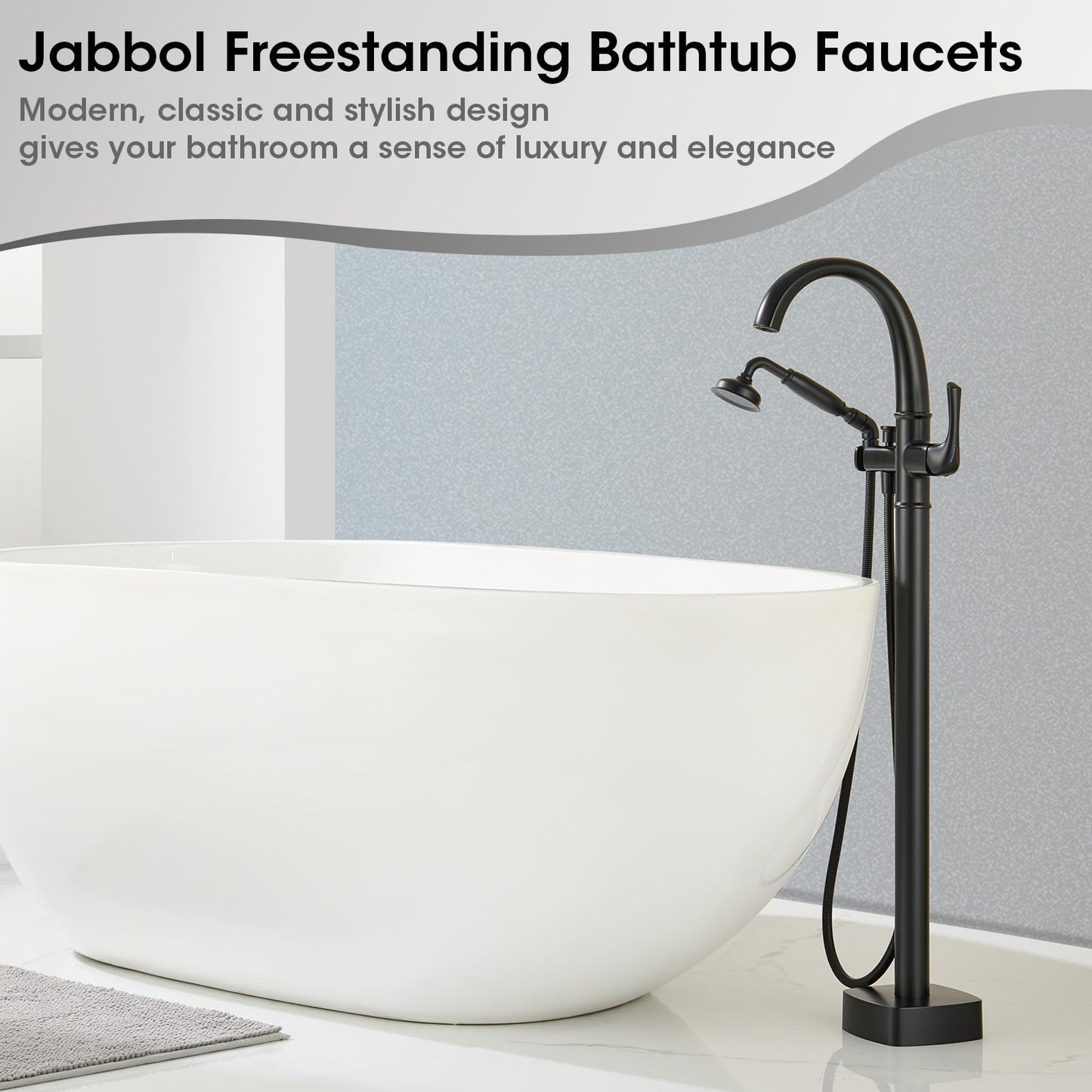 Free Standing Tub Faucet, Jabbol Luxury Freestanding Bathtub Faucet with Sprayer, Brass Bathroom Floor Mount Tub Filler, Matte Black (JB-8811BK)