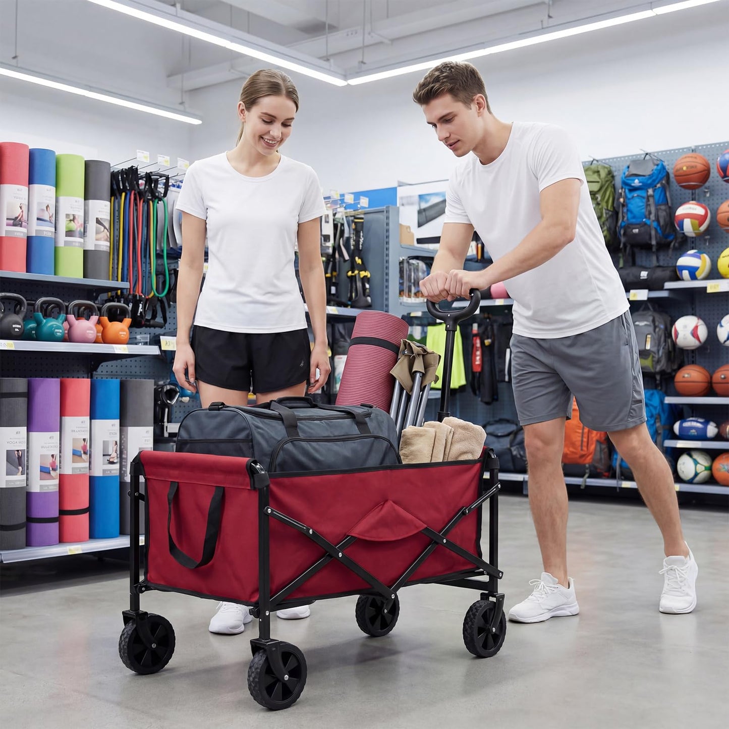 DUMOS Collapsible Wagon Cart, Heavy Duty Foldable Utility Wagon with Wheels – 220 lbs Capacity, Flexible Handle for Beach, Garden, Sports, Grocery & Camping, Red