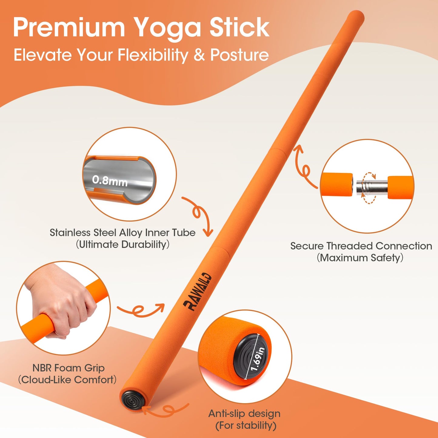 RAWAILD Yoga Stick, Upgraded 5ft Sturdy Steel Mobility Stick, Adjustable Exercise Equipment for Stretching, Flexibility & Balance, Physical Therapy & Posture Correction, Shoulder & Back Relaxation