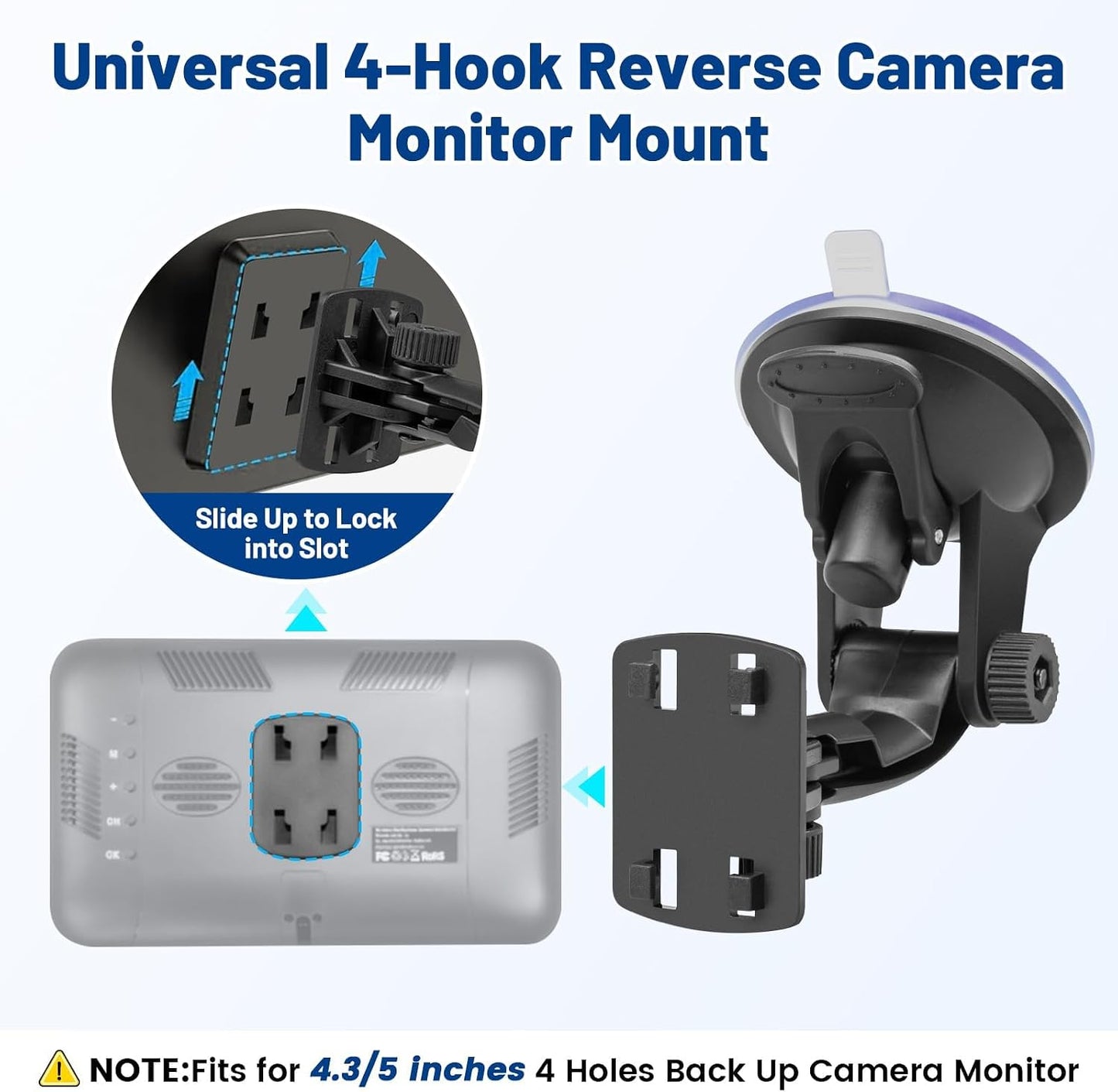 EWAY 4-Hole 4.3"/5" Direct Fit Suction Cup Mount for Backup Camera Monitor, Knob-Lock Adjustable Dashboard Windshield