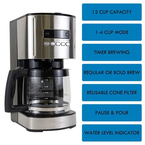 Kenmore Drip Coffee Maker - 12 Cup Programmable Cafe Machine With Glass Pot, Regular & Bold Brew, Auto Shut Off Large Water Reservoir, Reusable Filter, Kitchen Appliances For Cafeteria Barista, Black