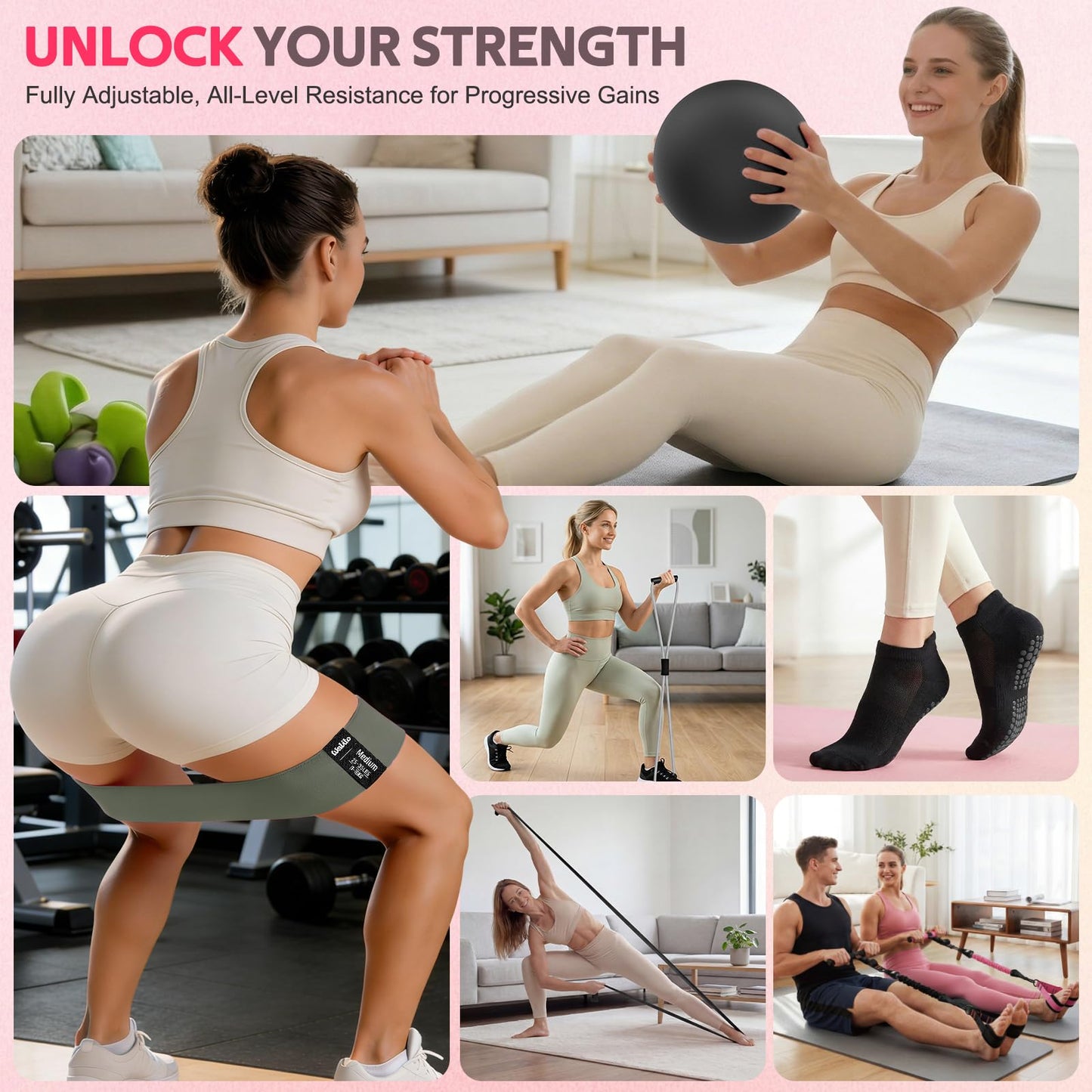 WALITO 15 PCS Pilates Kit, Adjustable Pedal Resistance Band with Handle, Figure 8 Resistance Band for Exercise Women, At Home Workout Equipment Set with Yoga Ball & Booty Bands for Full Body Gym